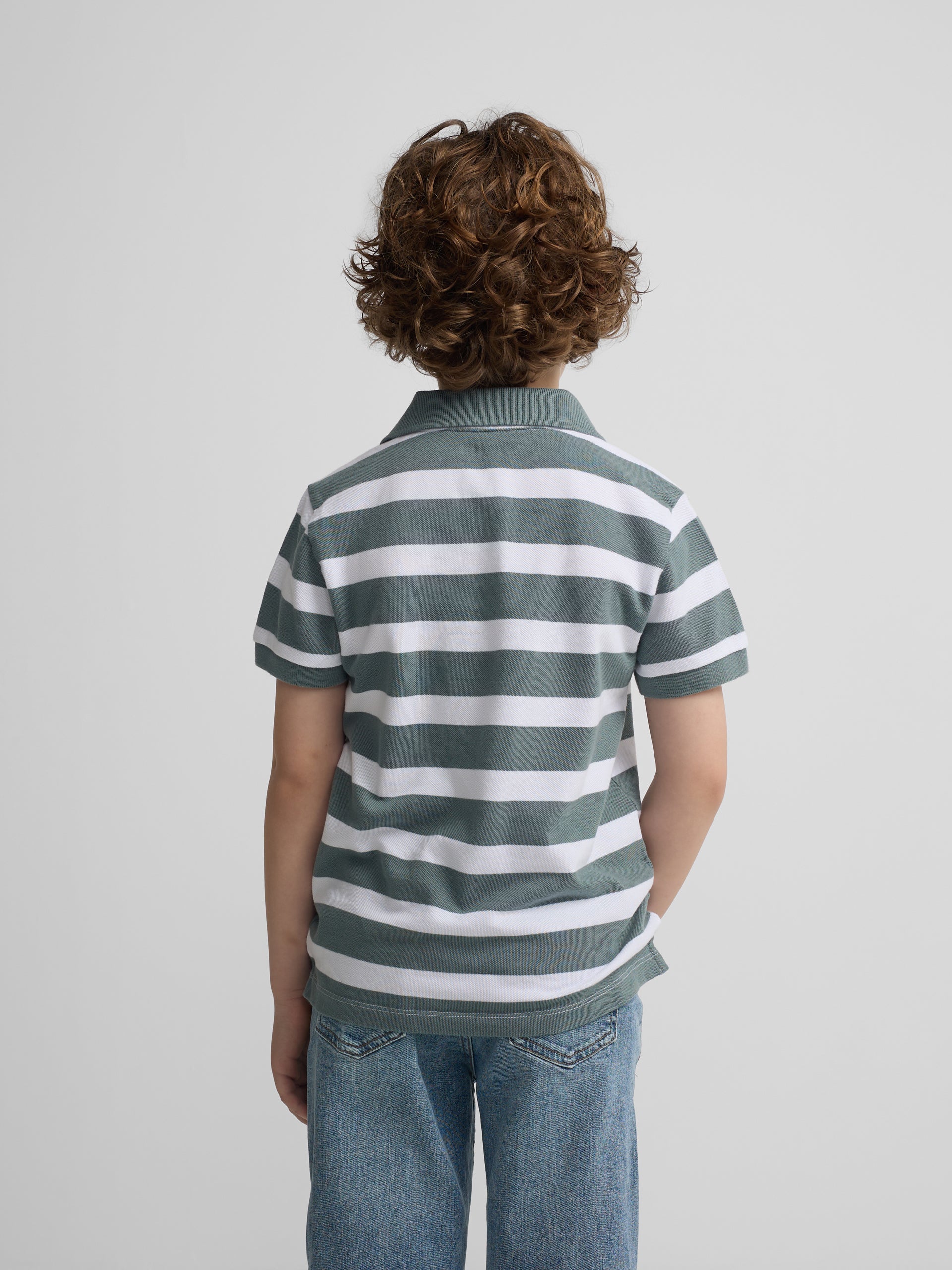 Polo enfant à rayures blanc et vert