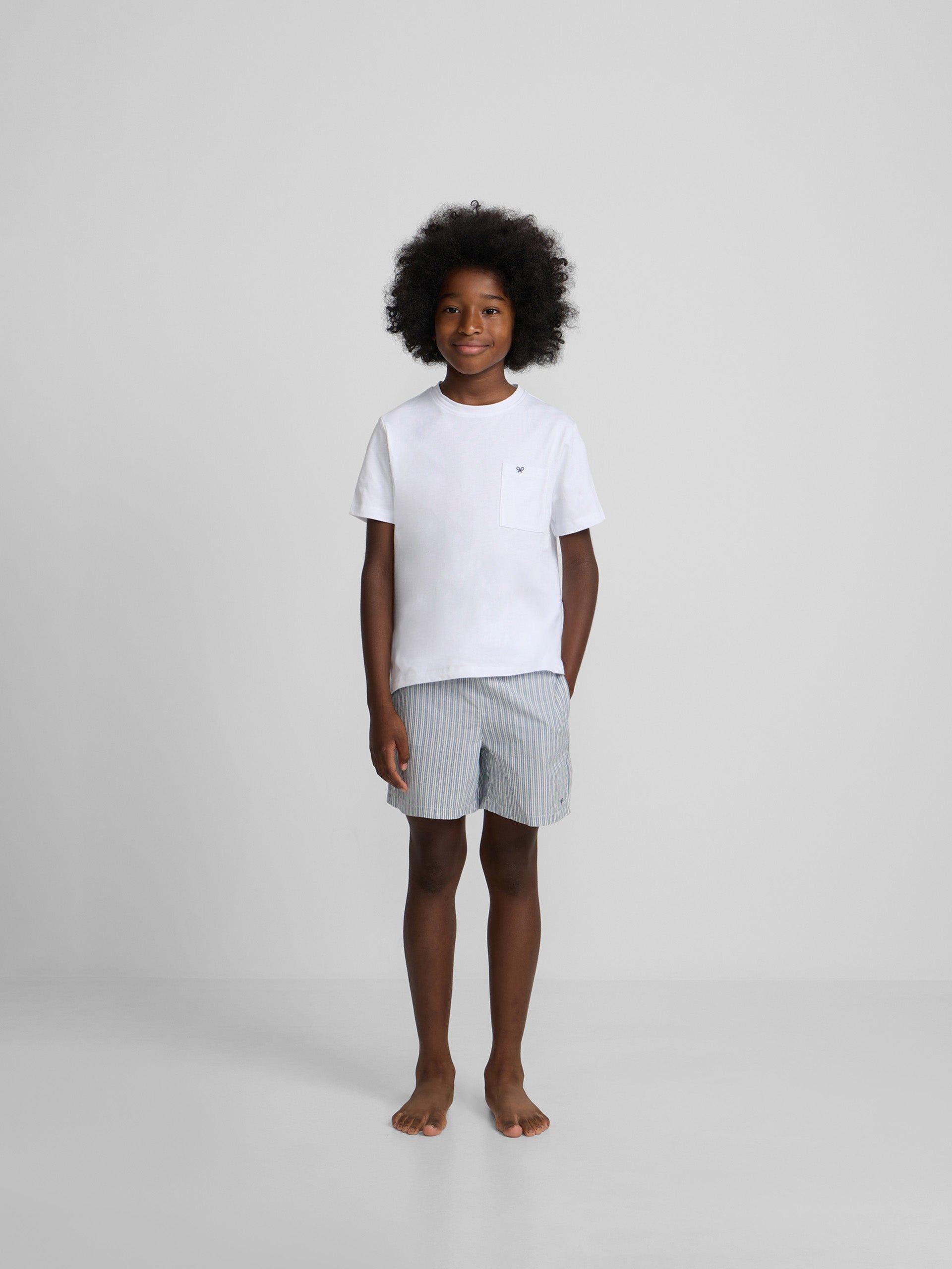 Pijama kids corto bolsillo rayas azul gris