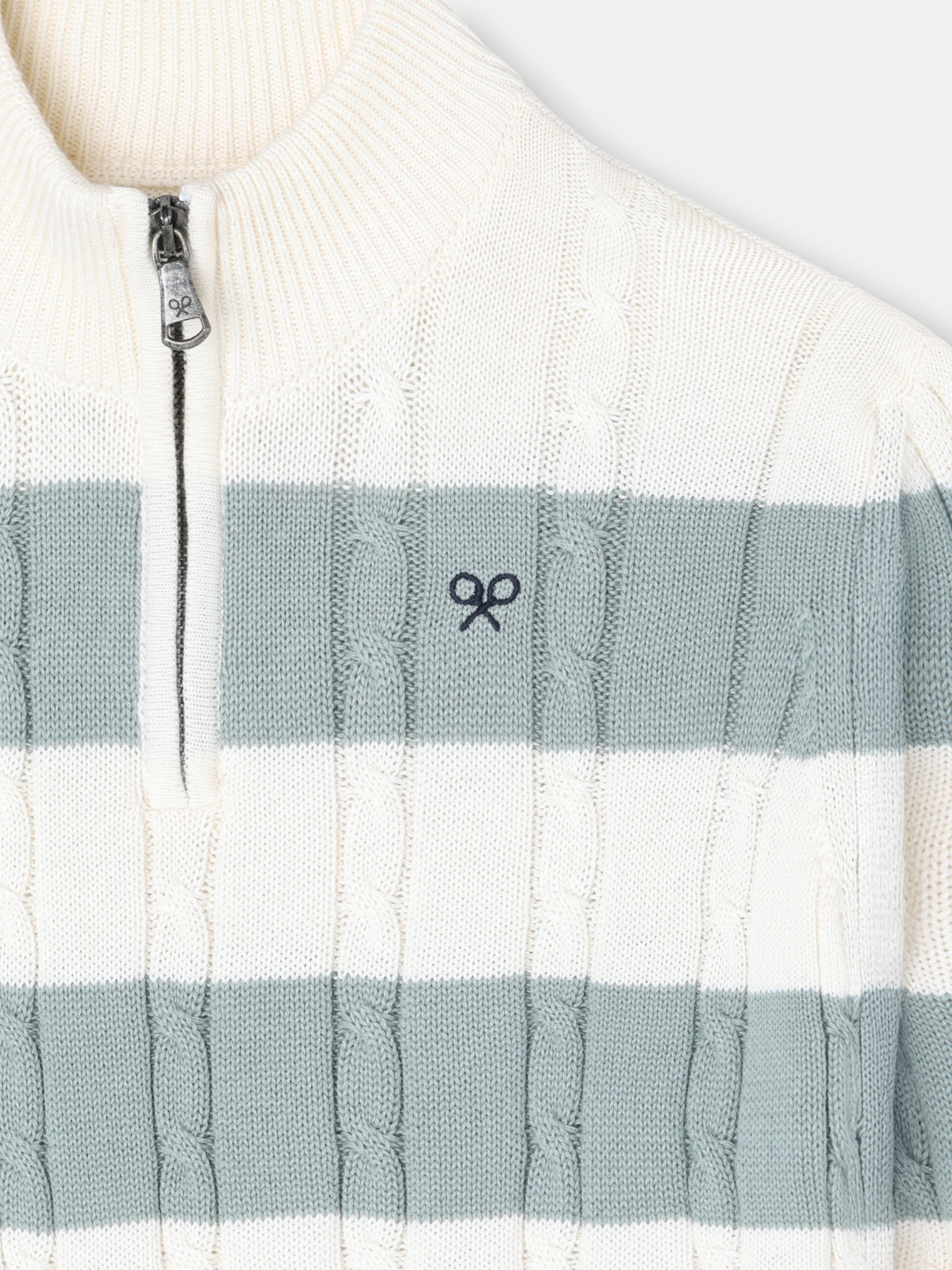 Kids sweater with half zipper, medium green stripe