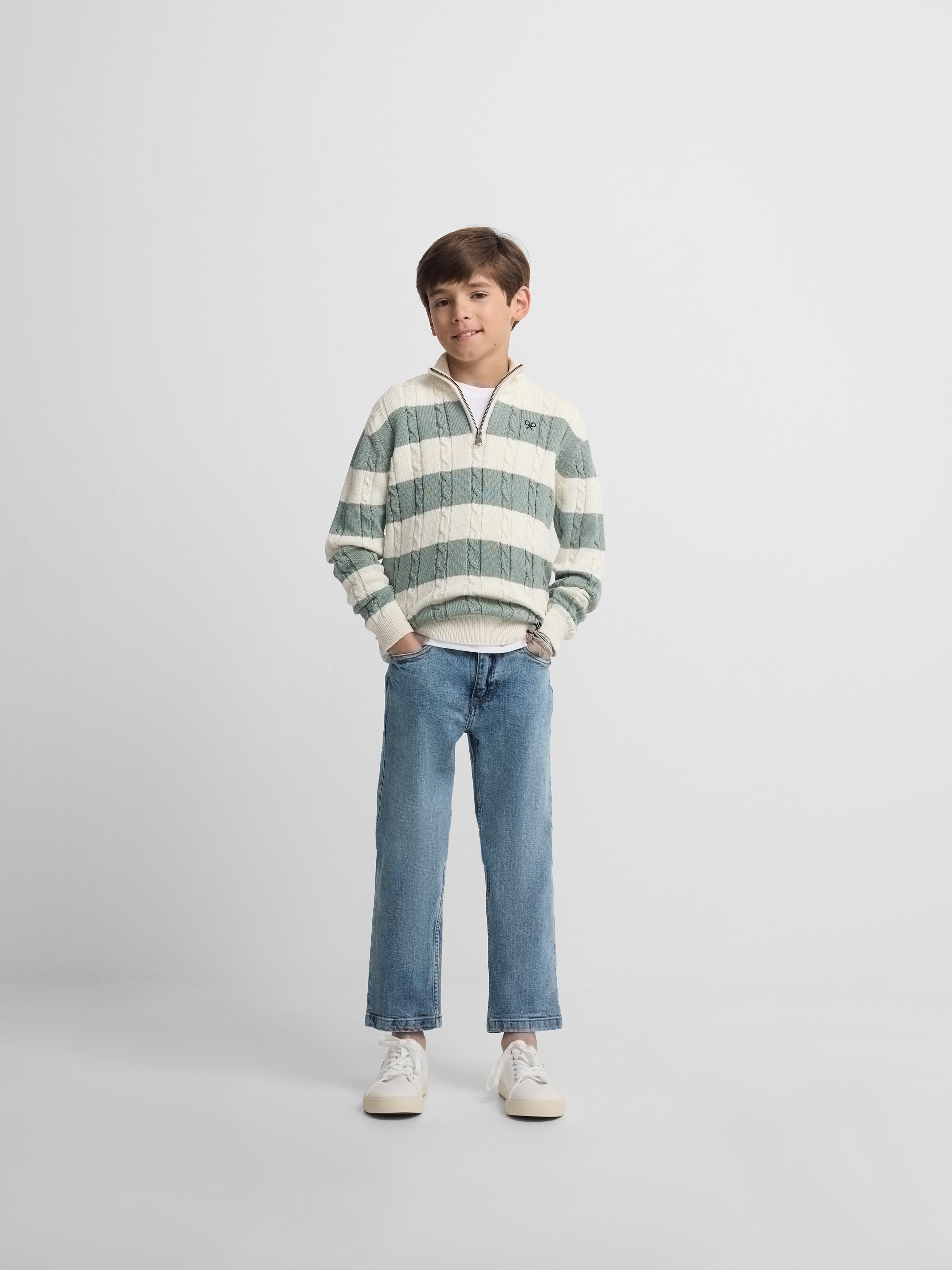 Kids sweater with half zipper, medium green stripe
