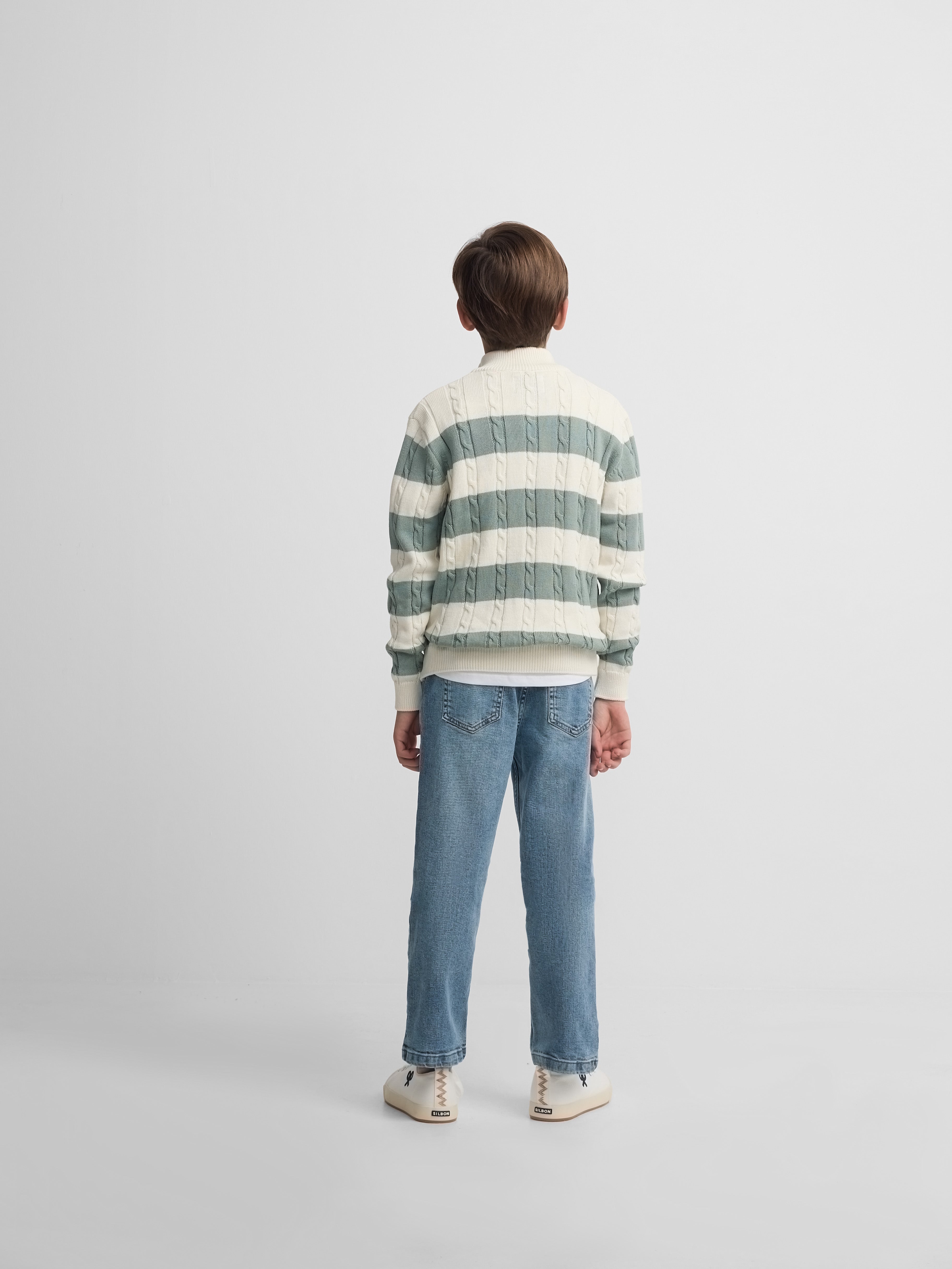 Kids sweater with half zipper, medium green stripe