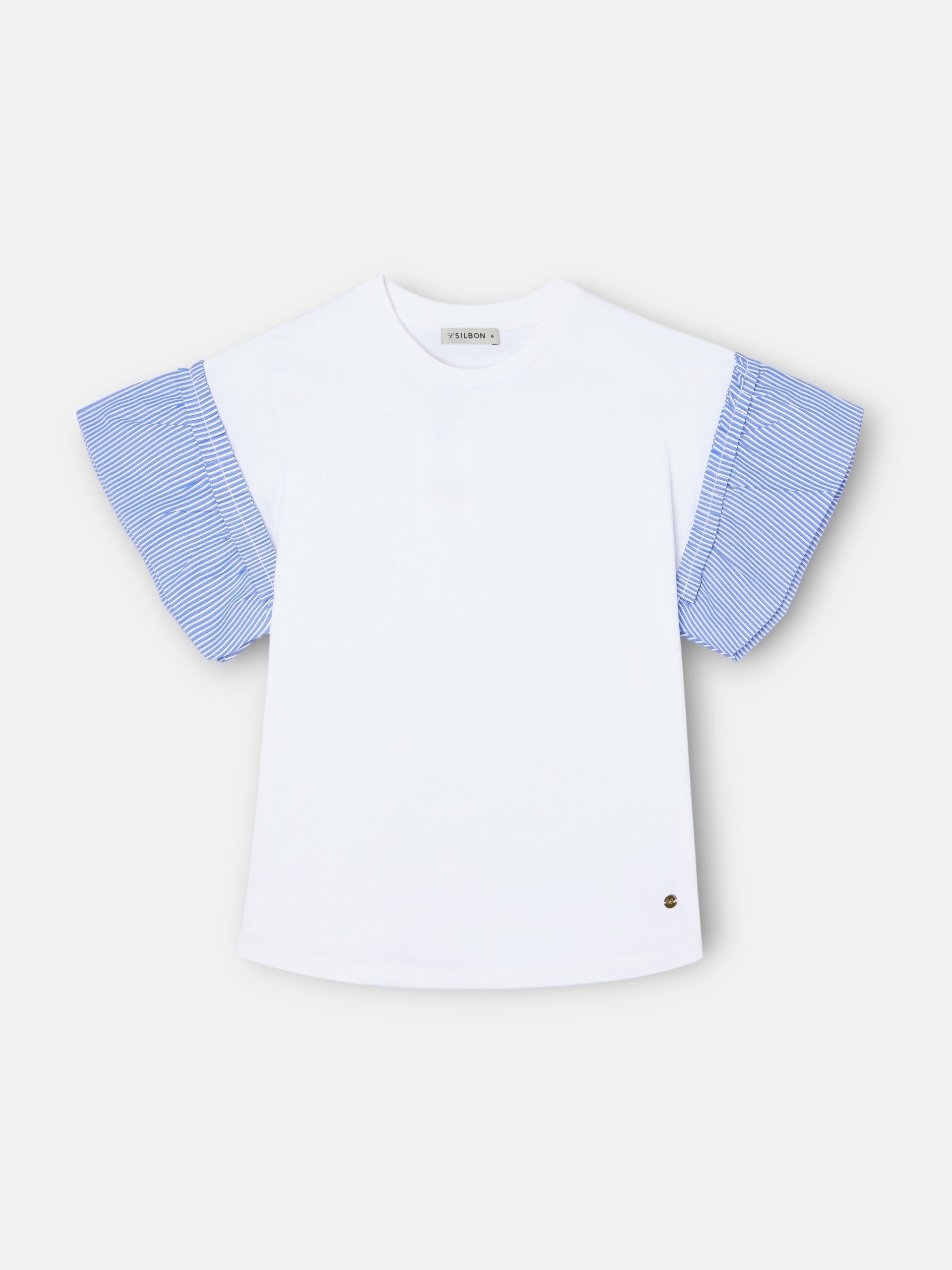 Camisola menina folhos popelina riscas branca
