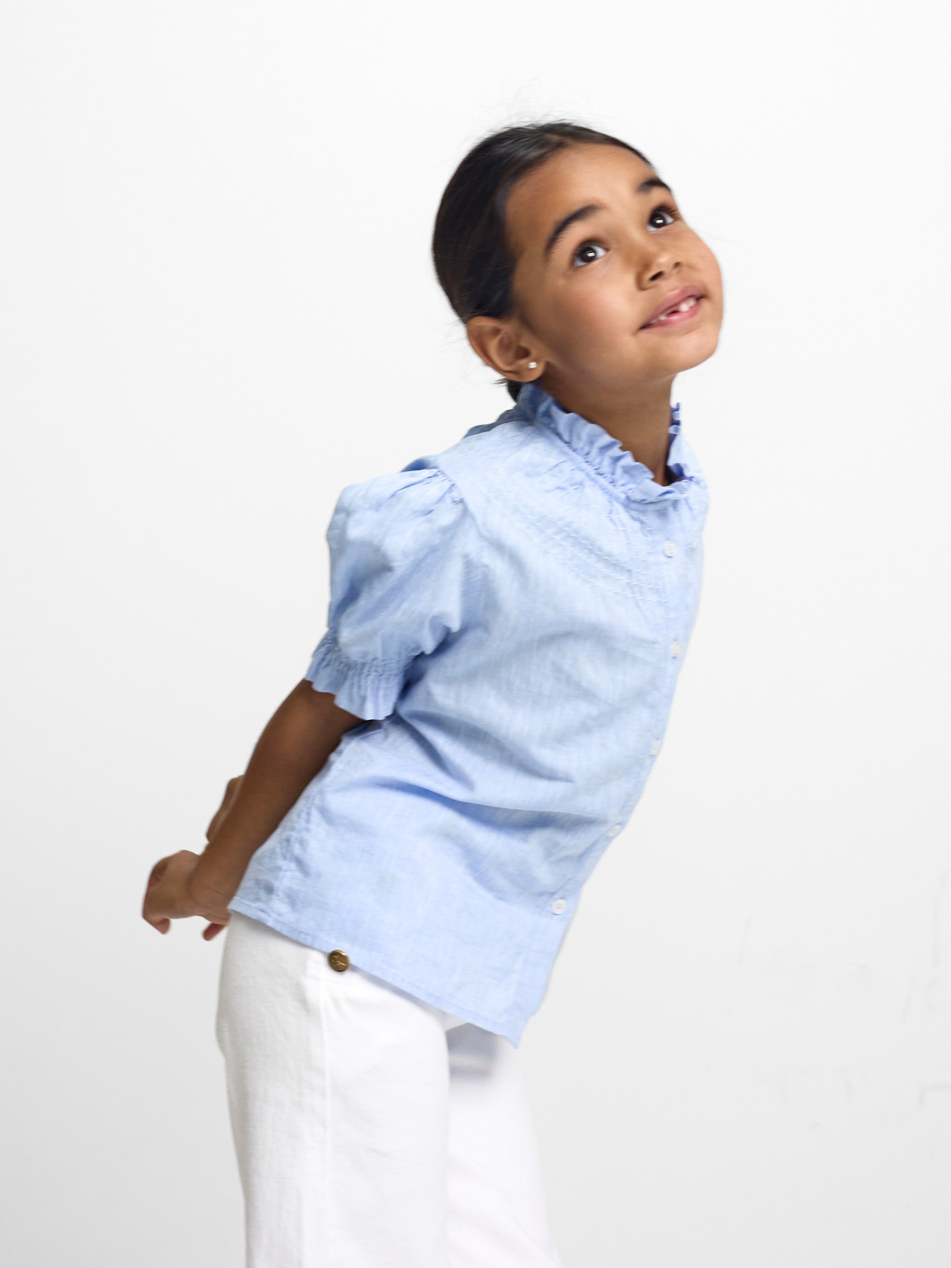 Camisa girl fruncidos lino celeste