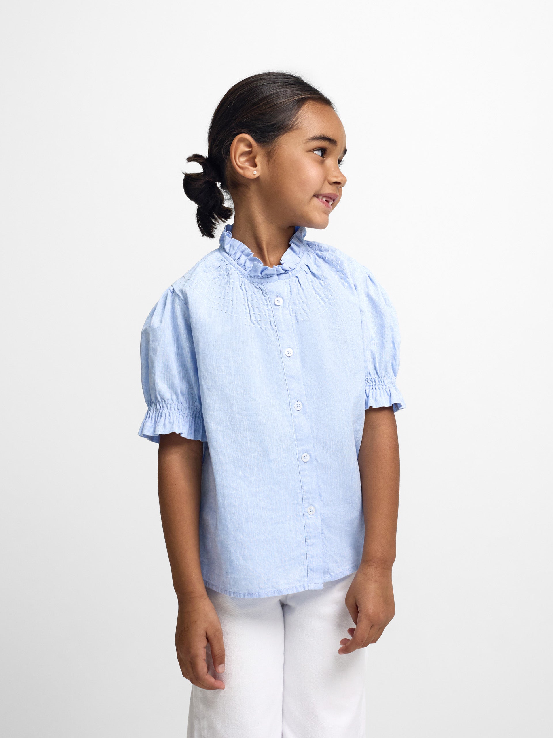 Camisa girl fruncidos lino celeste