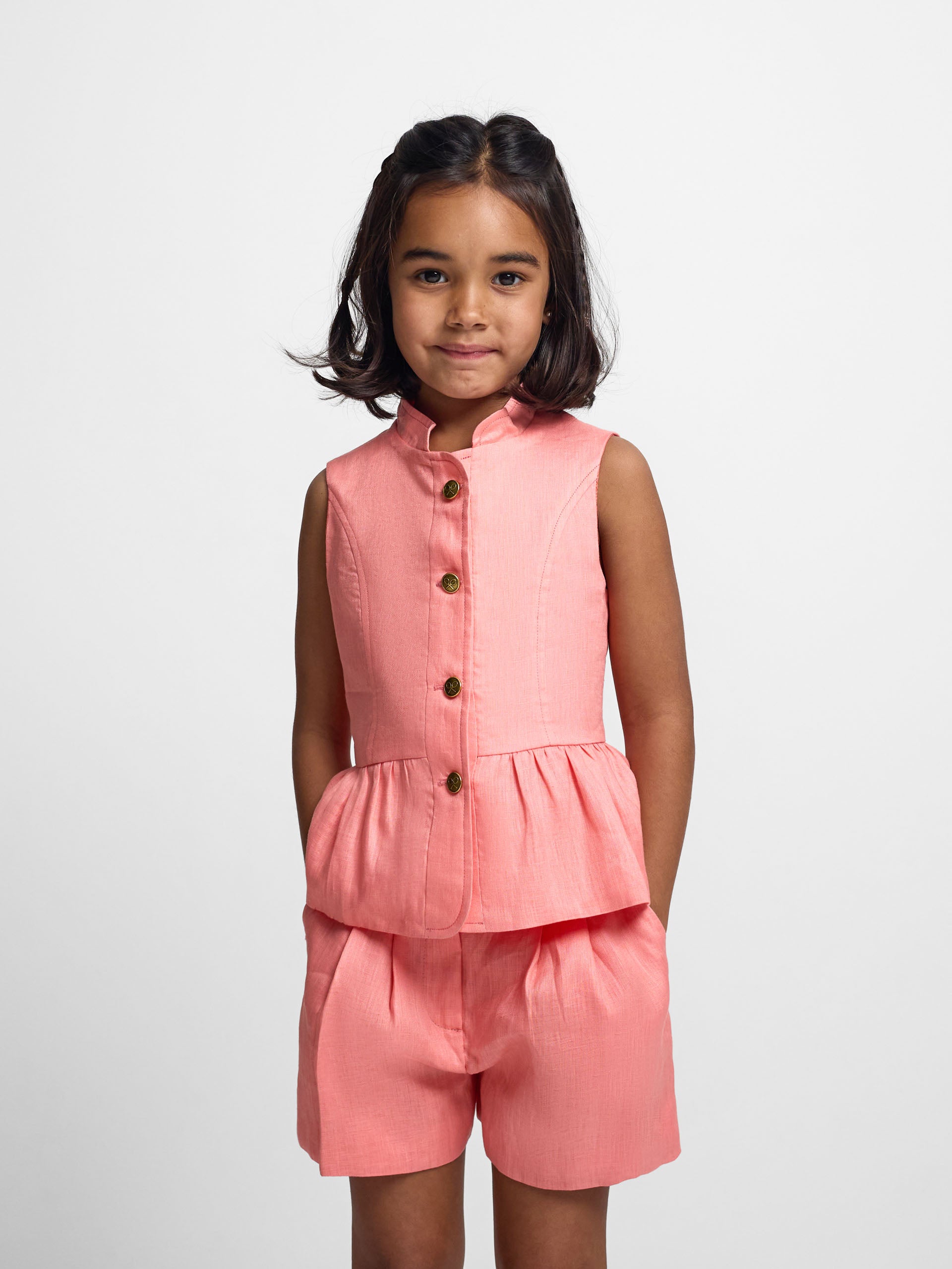 Top girl linen buttons coral