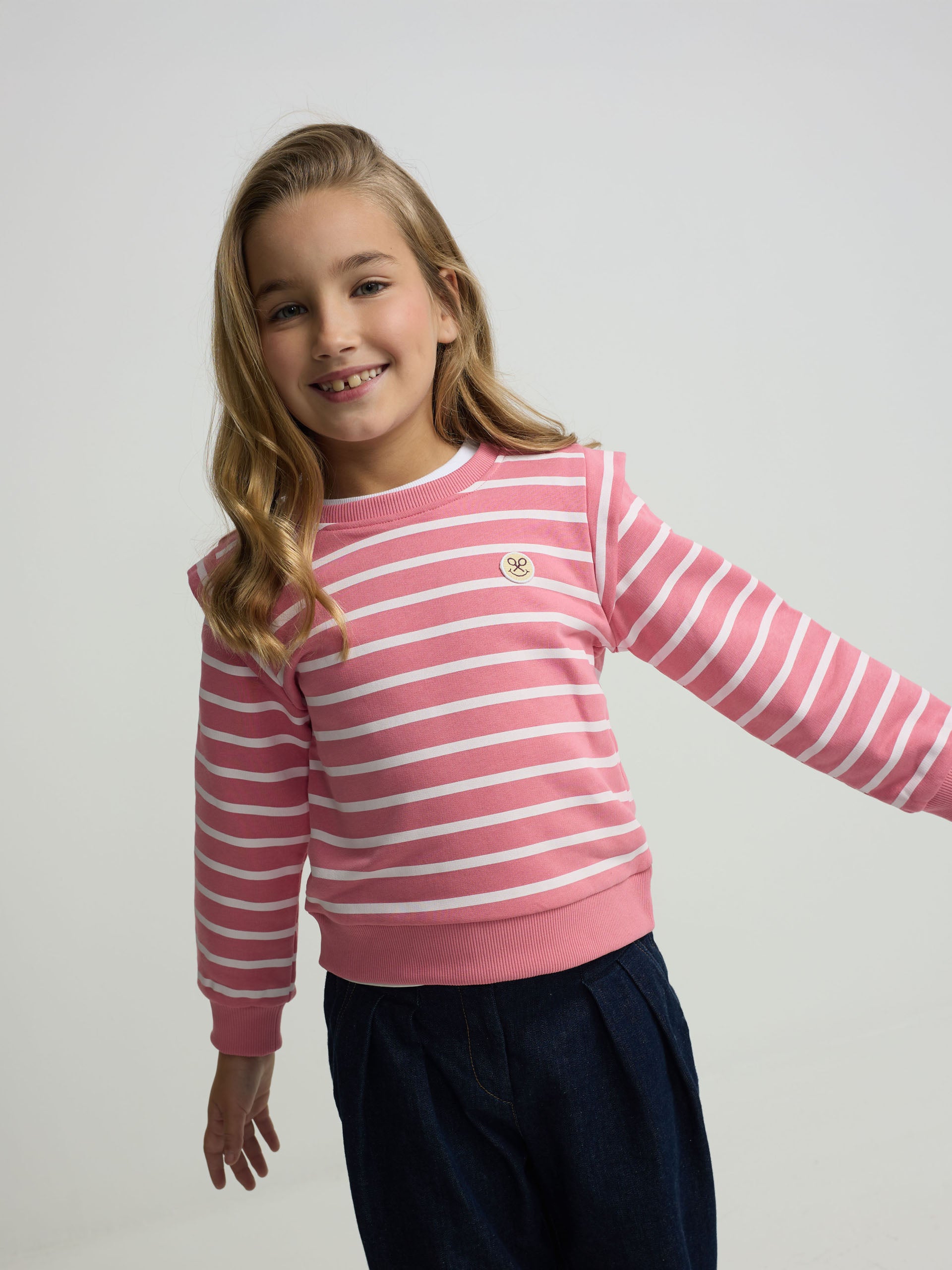 Sweat-shirt fille à épaulettes rayé rose