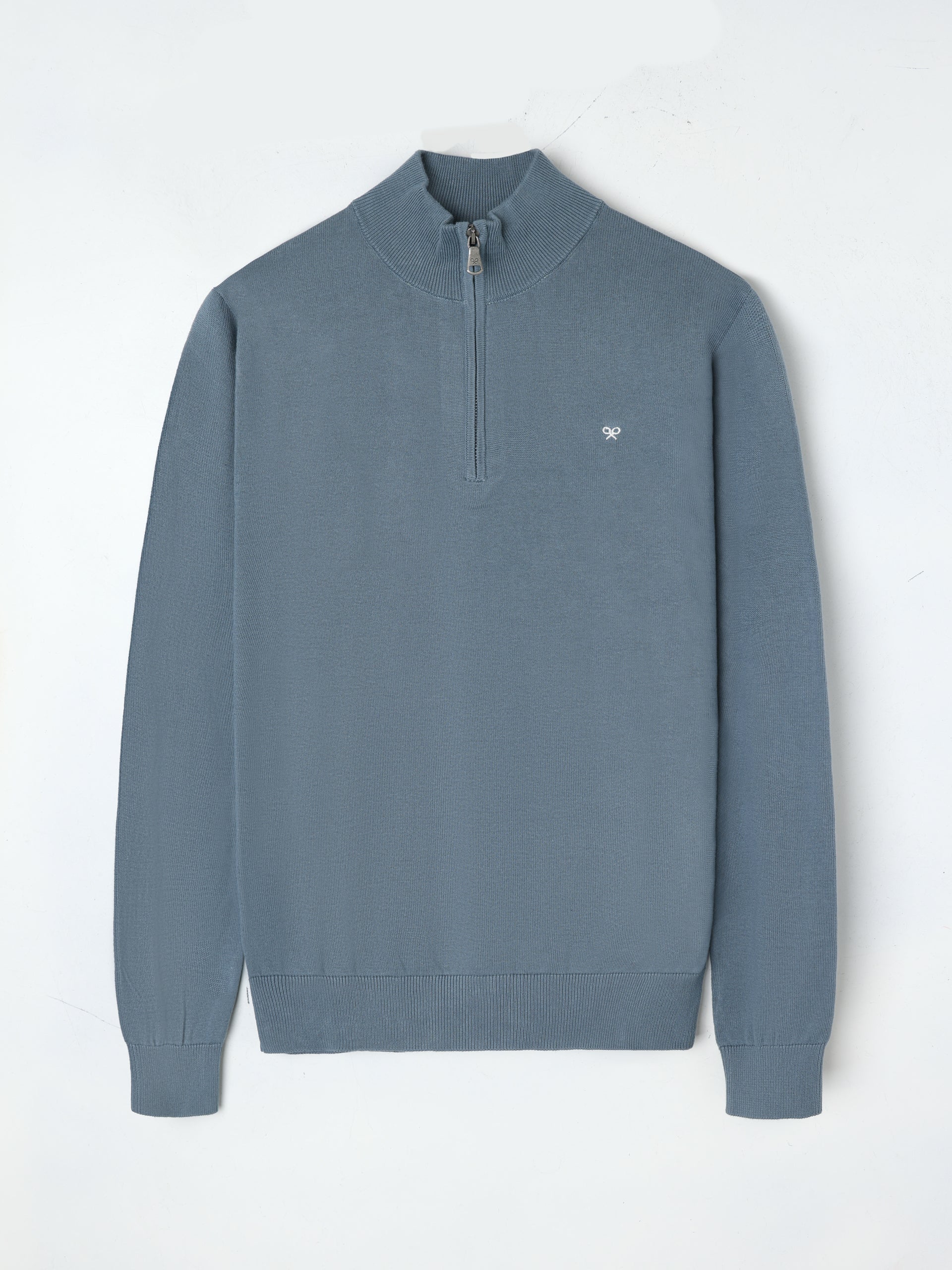 Plain sweater with half zipper in petroleum blue