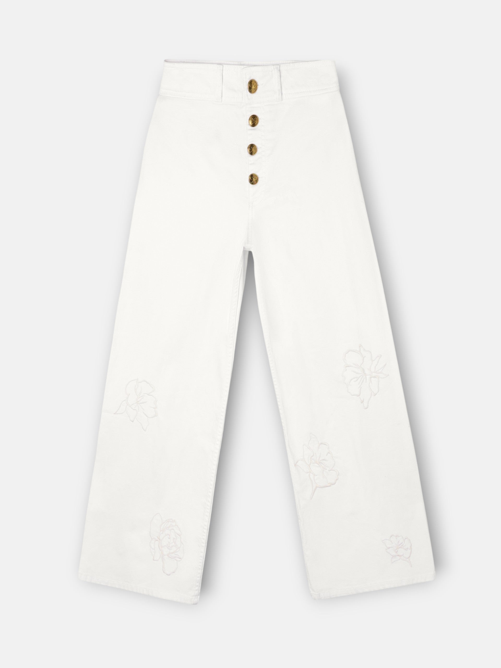 Pantalon bordados flores crudo