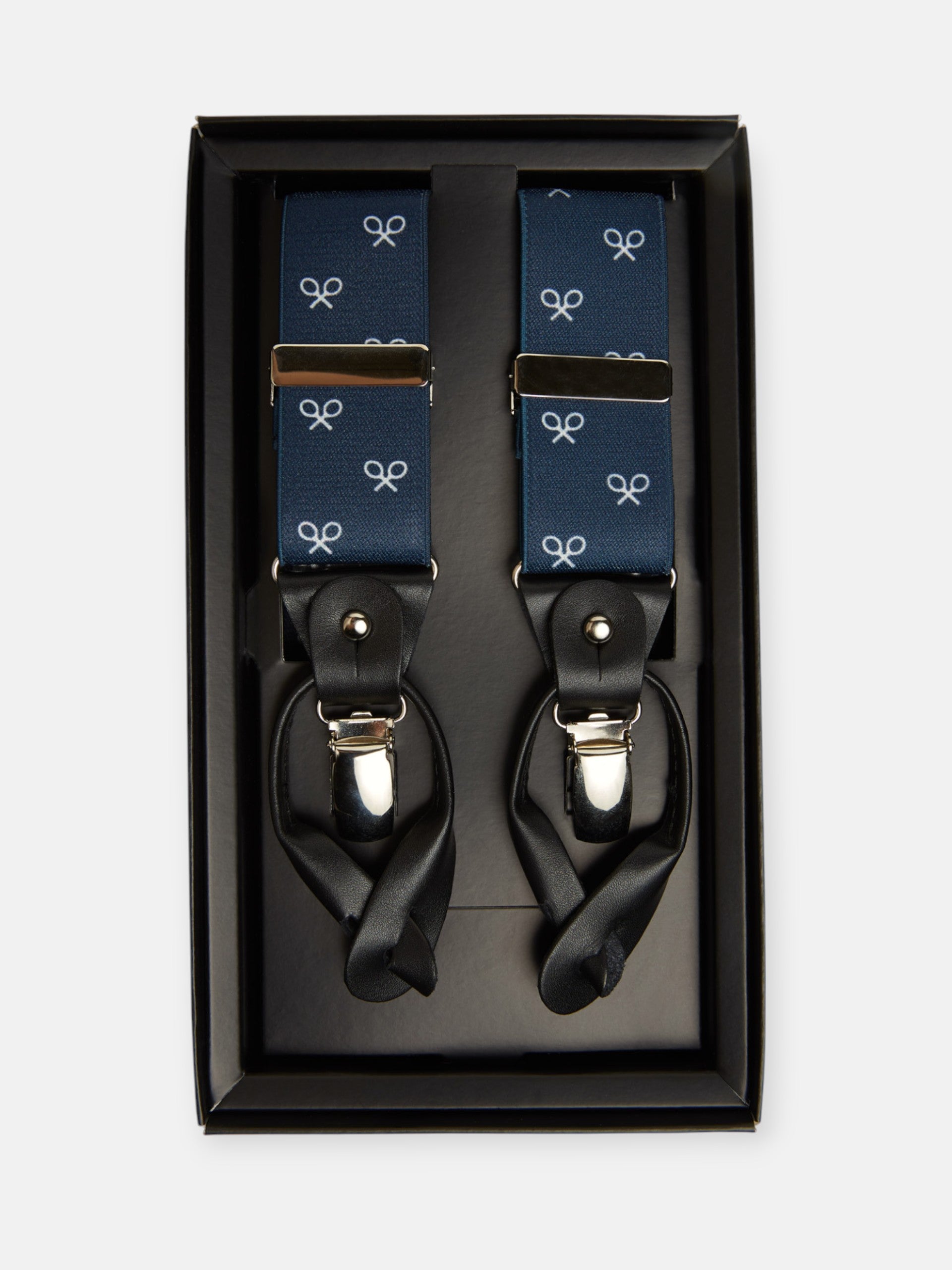Silbon navy suspenders with white racket