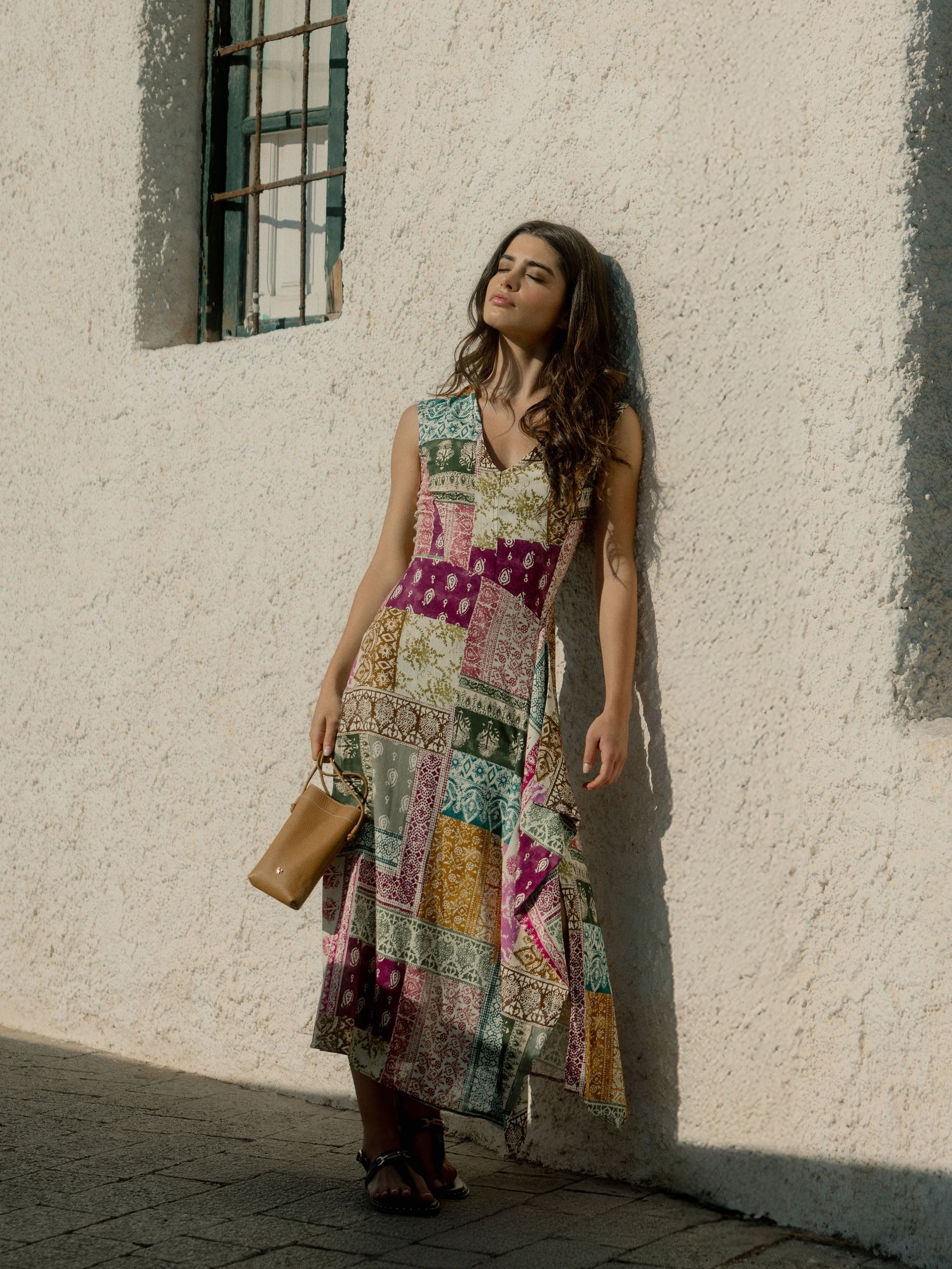 Midi dress with patchwork print in colors