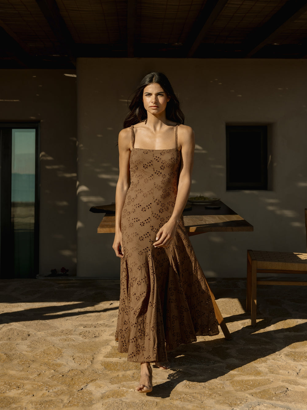 Brown embroidered midi dress