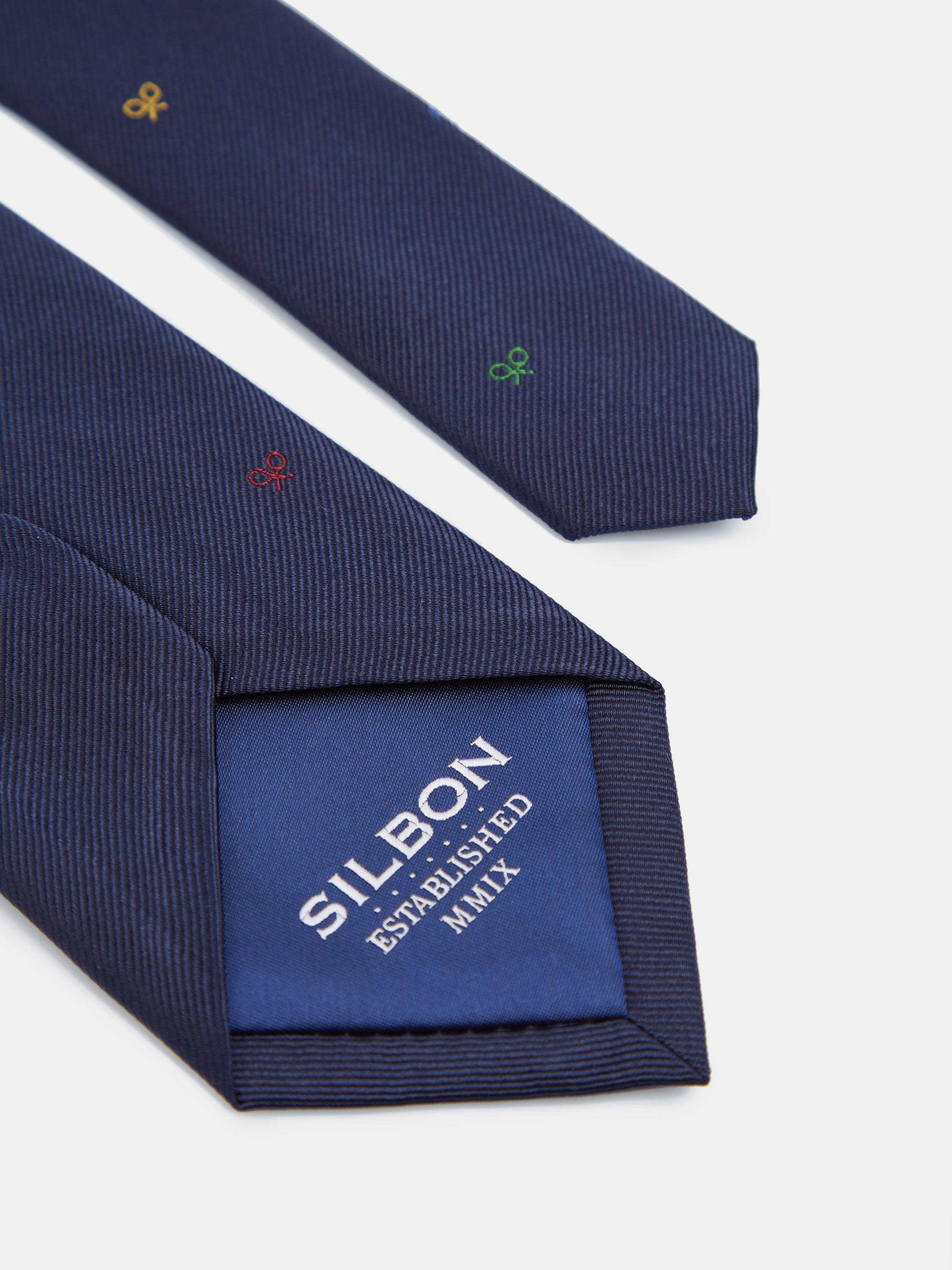 Silbon tie with multicolor racket motifs