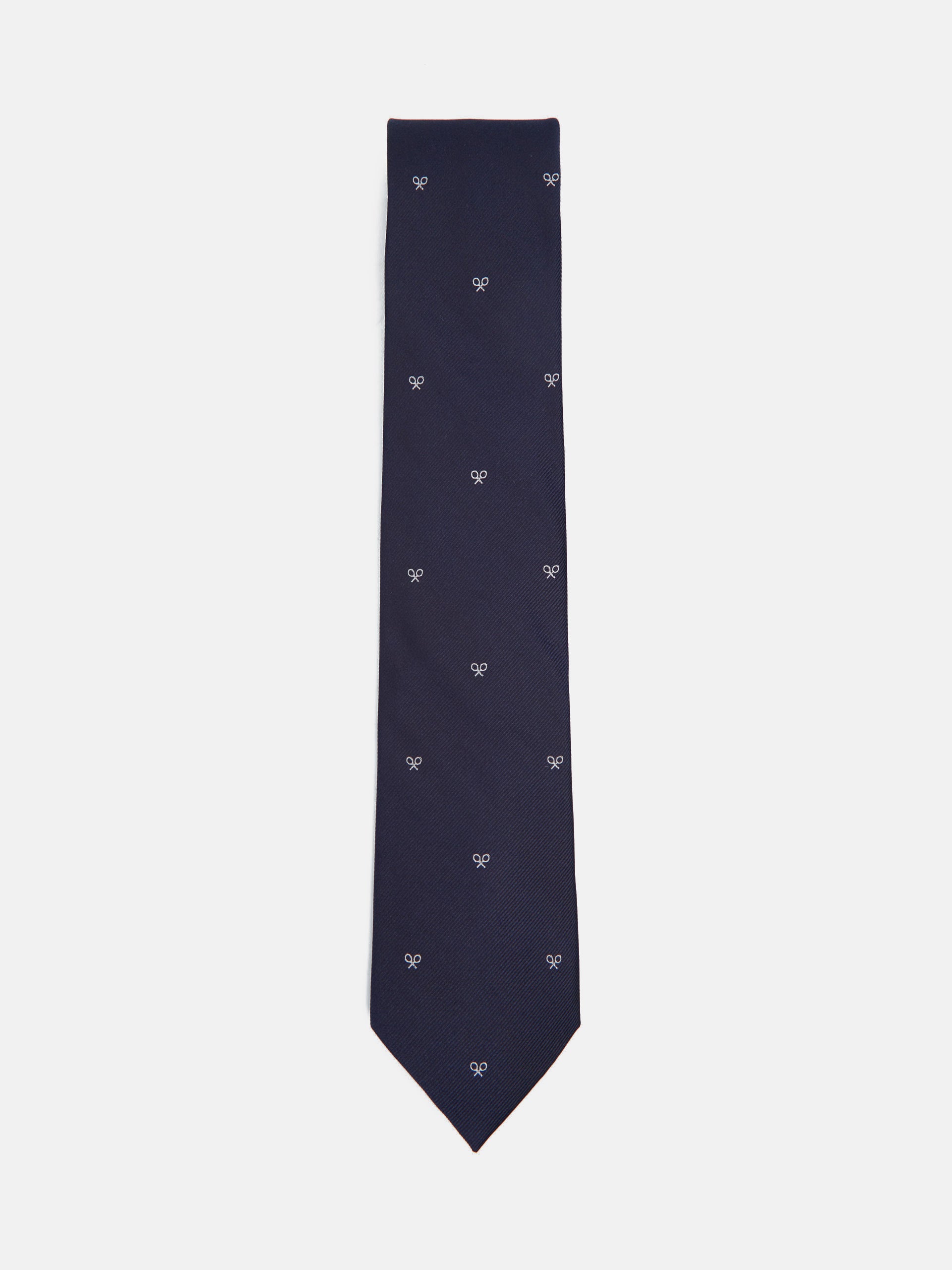 Silbon tie with navy blue racket motifs