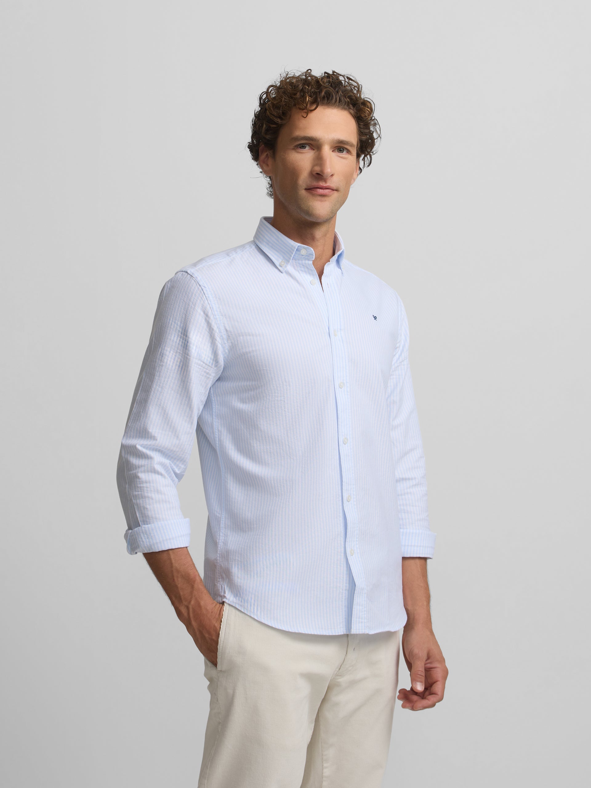 Chemise sport oxford raquette à larges rayures bleu ciel