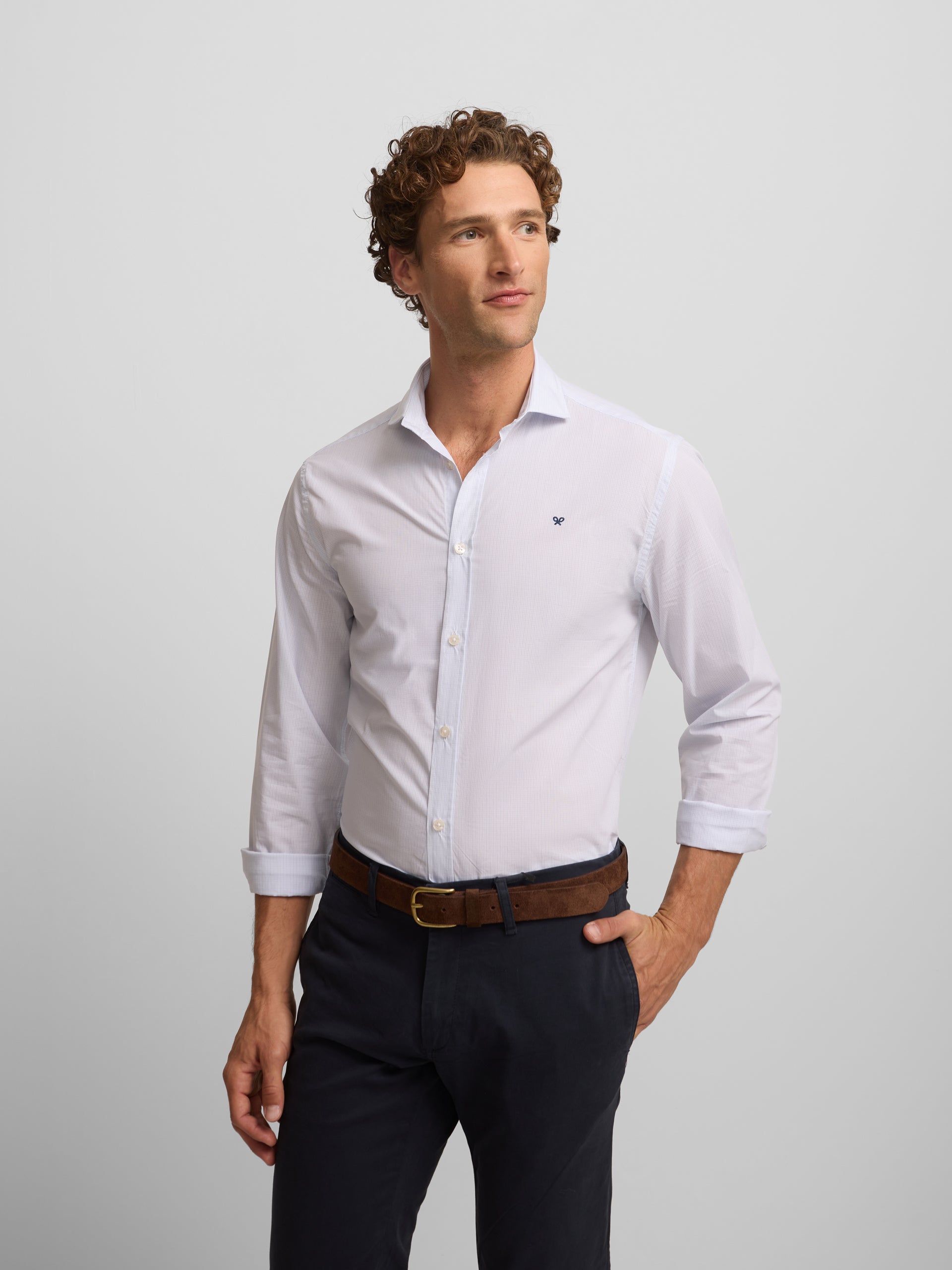 Classic sport shirt with light blue mini check