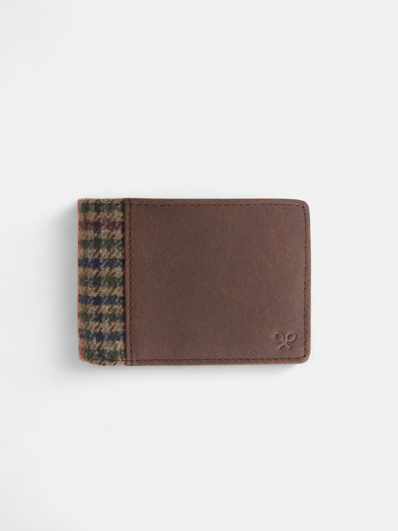 Brown checked fabric leather wallet