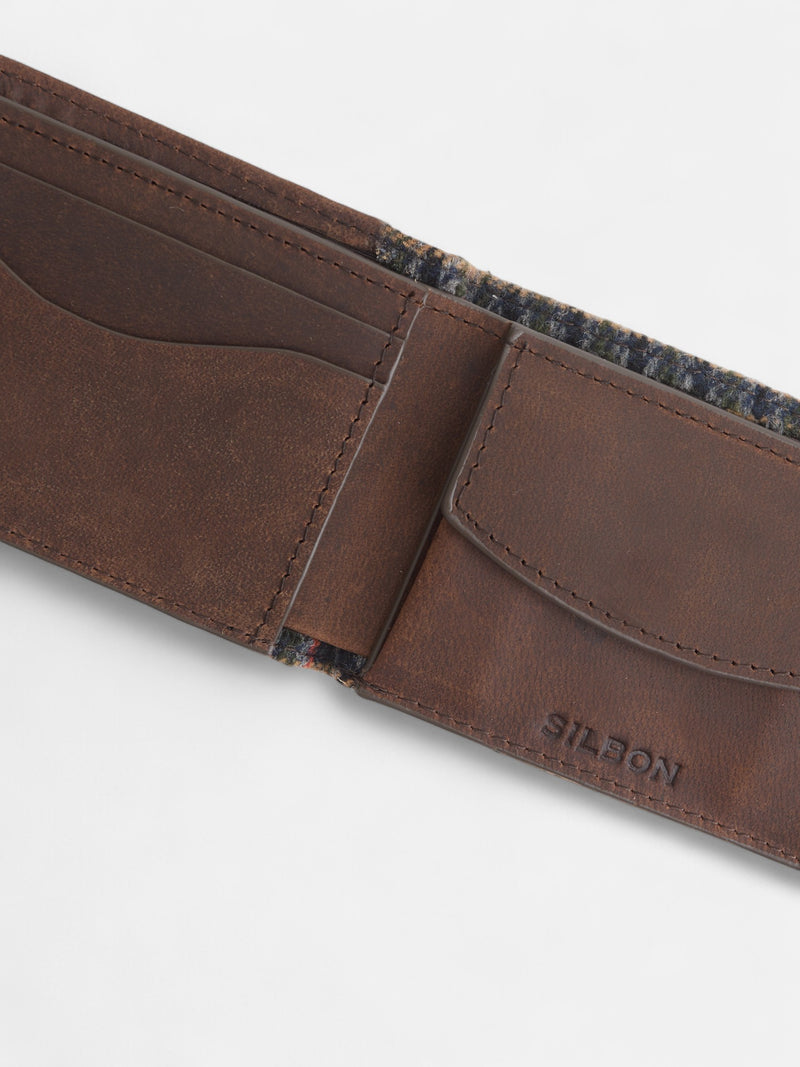 Brown checked fabric leather wallet
