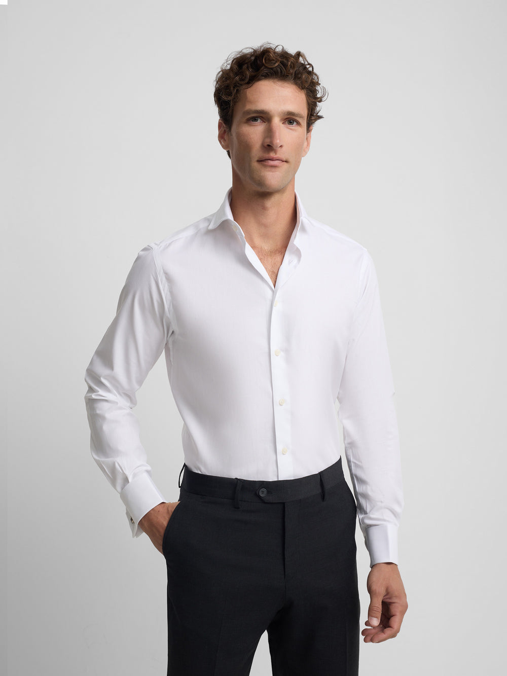 White herringbone dress shirt with double cuff