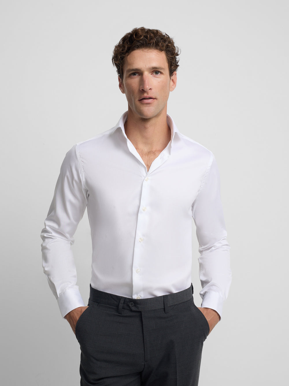White easy iron dress shirt with single cuff