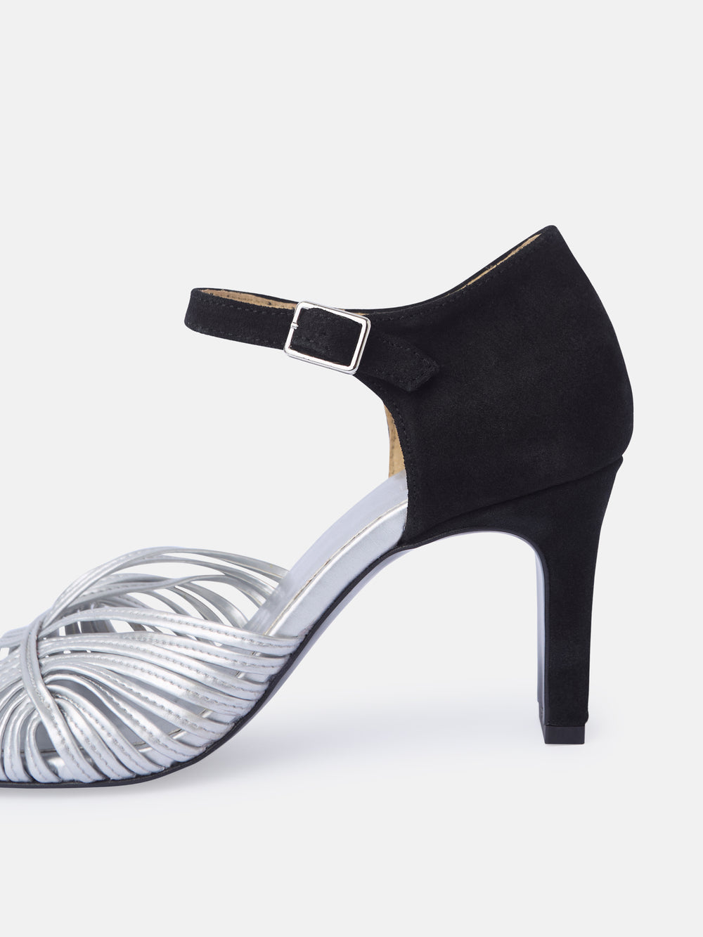 Sandalia tacon piel combinada negro y plata