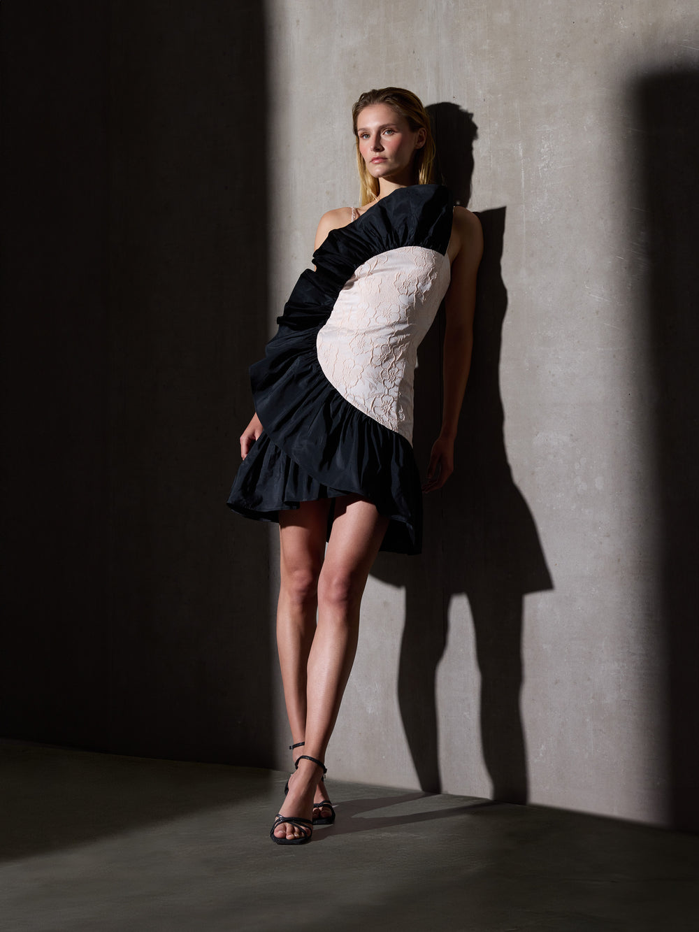 CaprileXSilbon two-tone dress with ivory ruffle