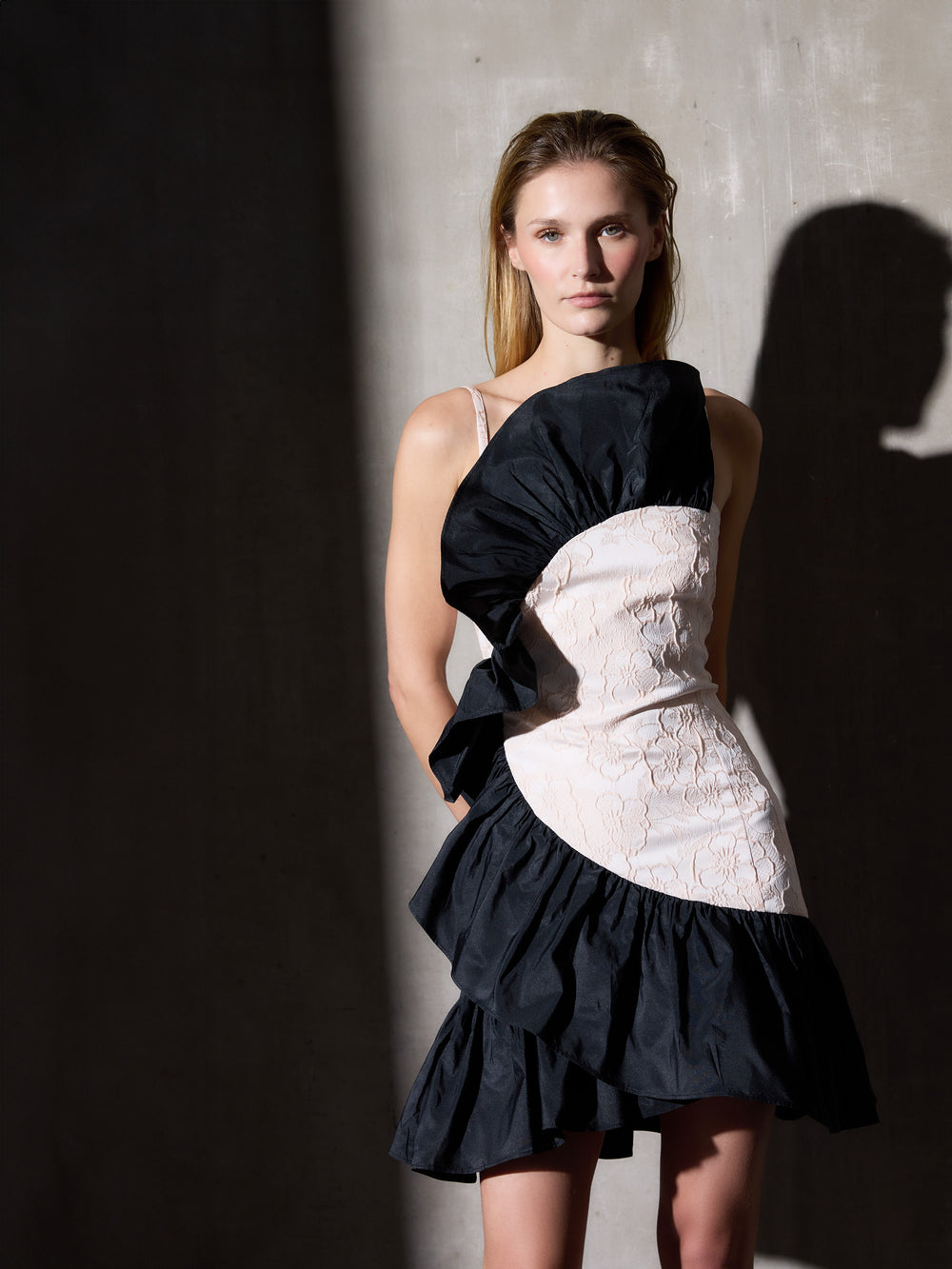 CaprileXSilbon two-tone dress with ivory ruffle