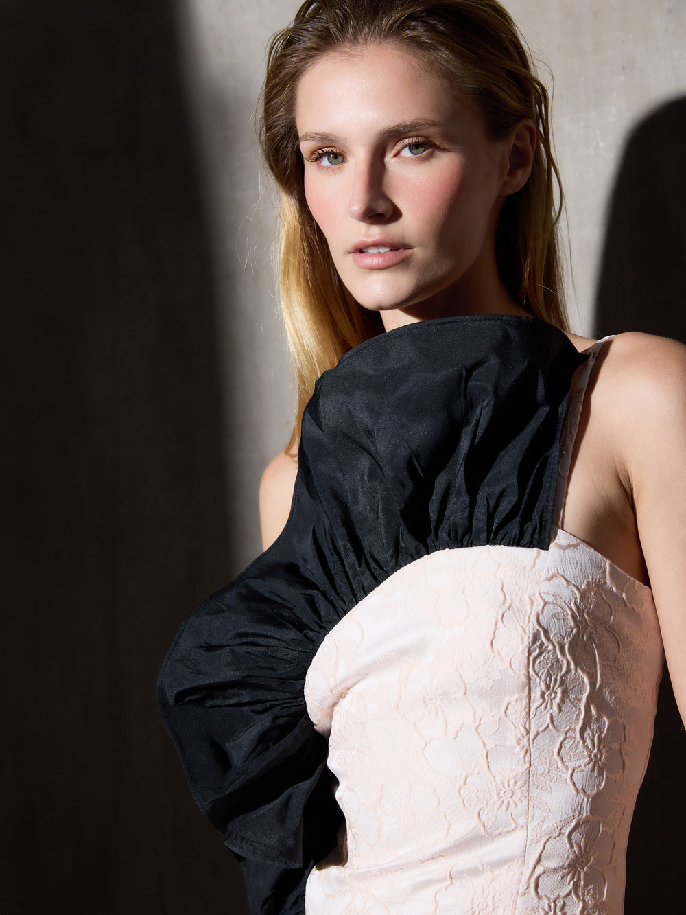 CaprileXSilbon two-tone dress with ivory ruffle