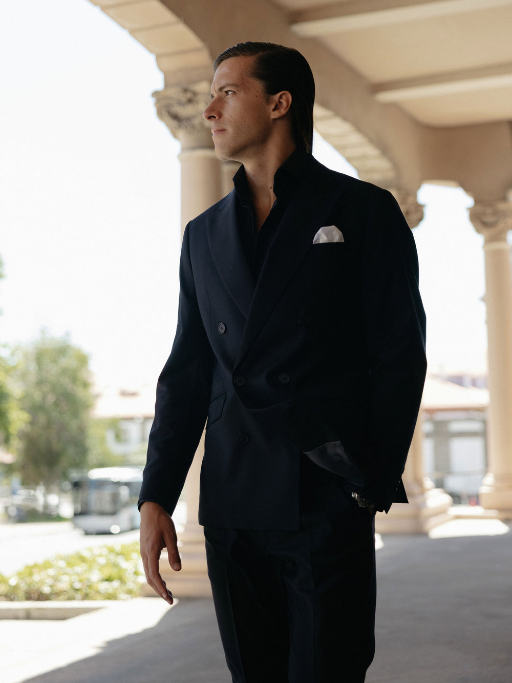 Navy stretch double-breasted suit jacket
