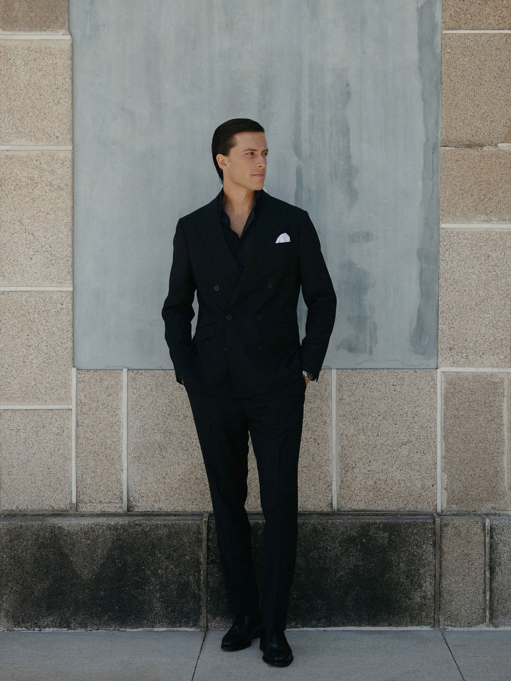 Stretch navy double-breasted suit trousers