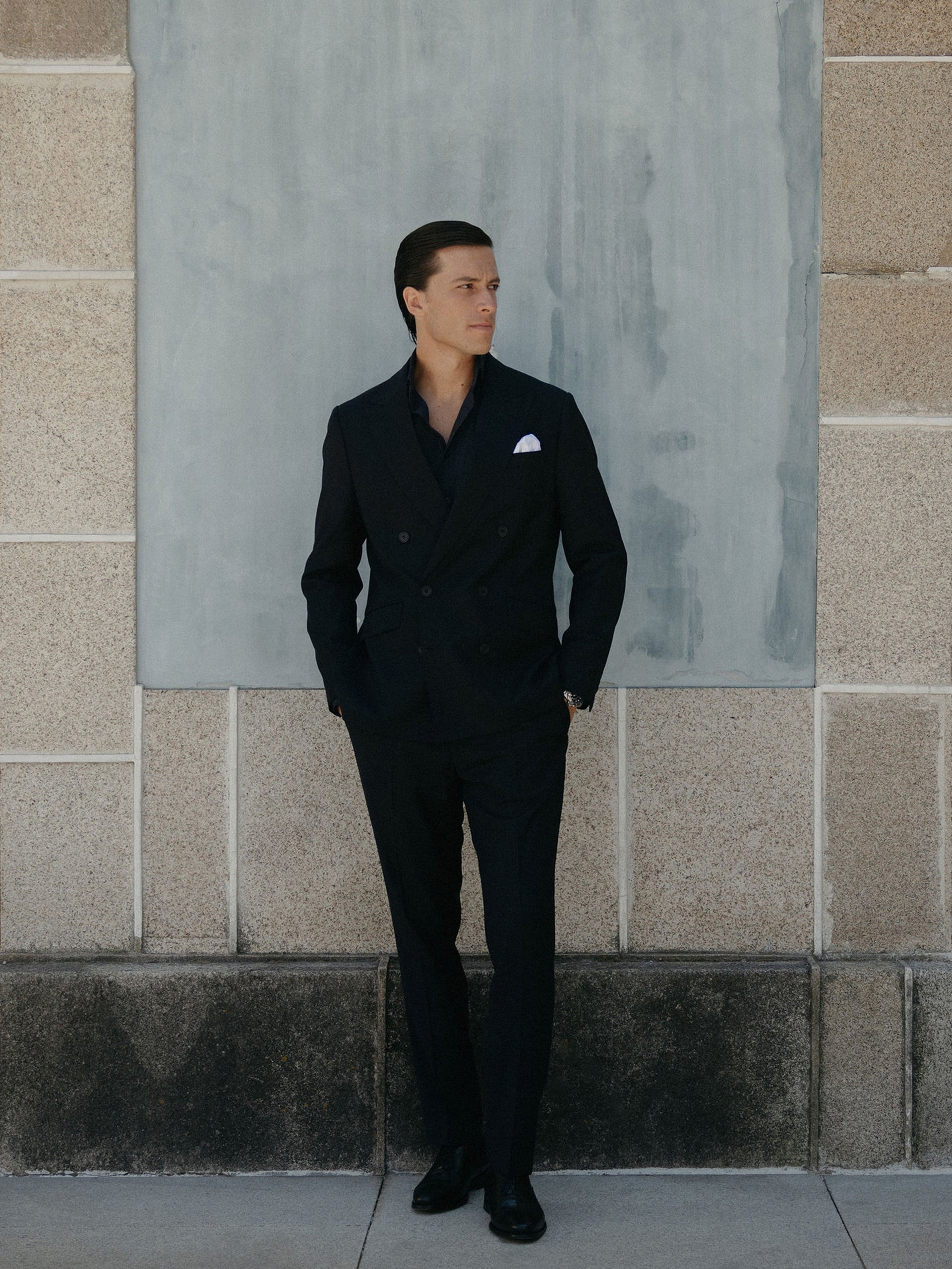 Stretch navy double-breasted suit trousers