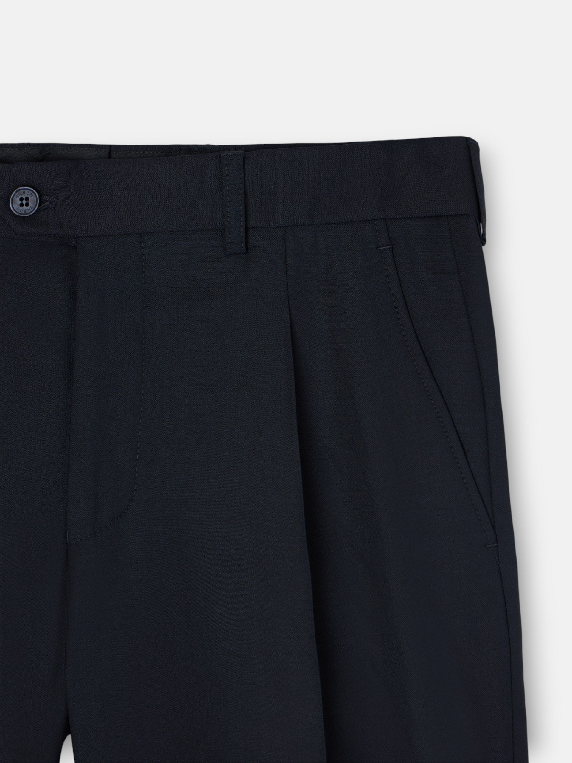Stretch navy double-breasted suit trousers