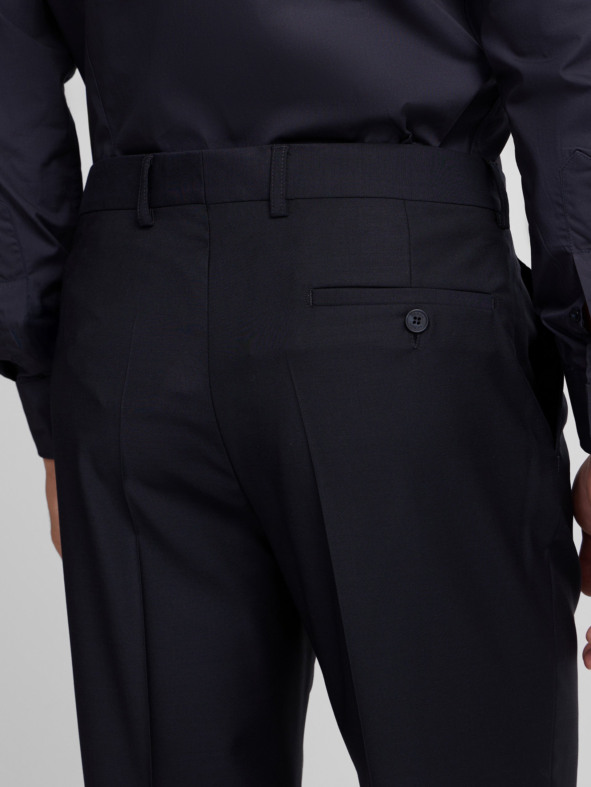 Stretch navy double-breasted suit trousers