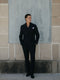 Stretch navy double-breasted suit trousers