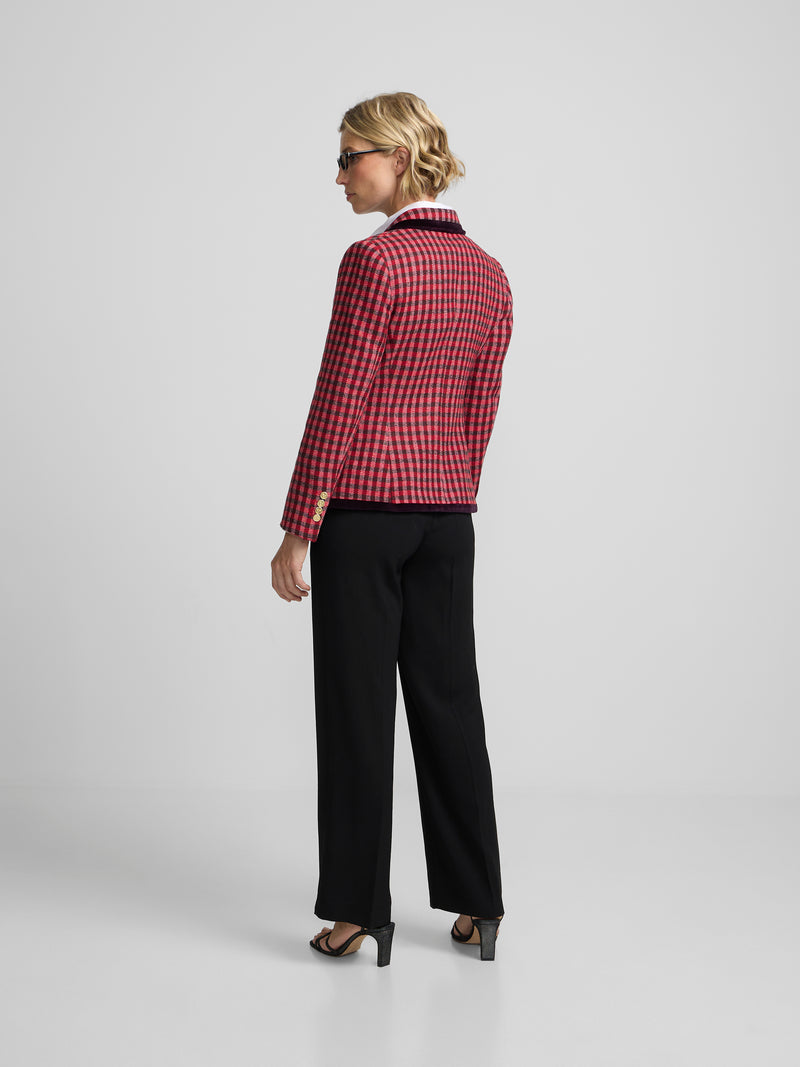 Double-breasted blazer with velvet trim, pink gingham check