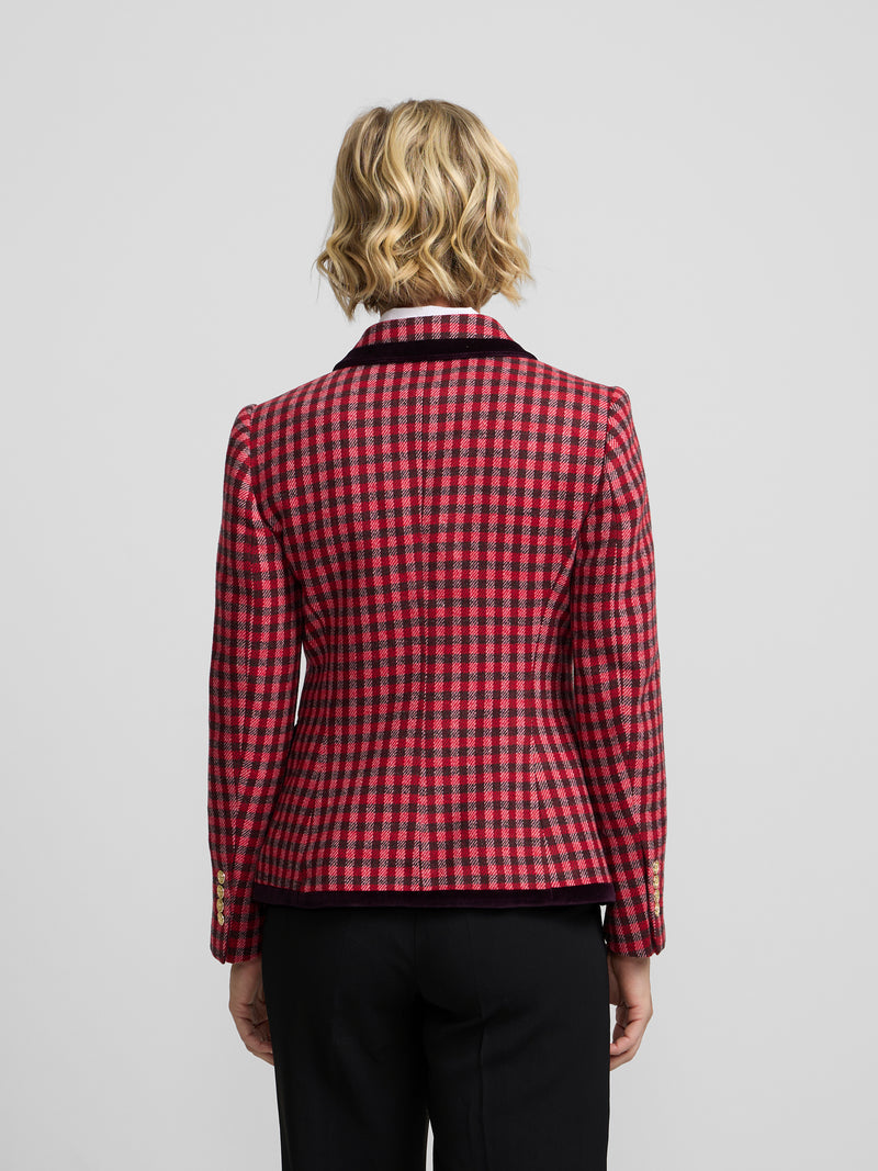 Double-breasted blazer with velvet trim, pink gingham check