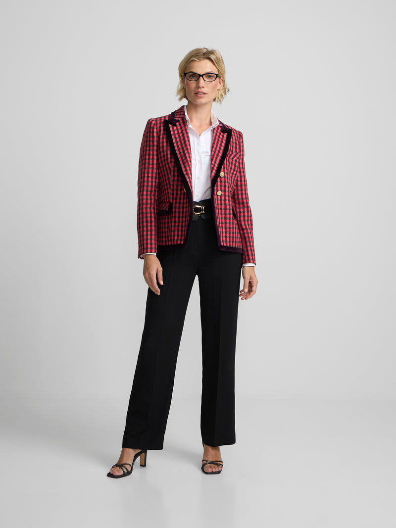 Double-breasted blazer with velvet trim, pink gingham check