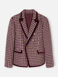 Double-breasted blazer with velvet trim in light pink gingham check
