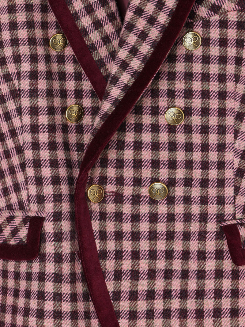 Blazer cruzado com debrum em veludo xadrez vichy rosa claro