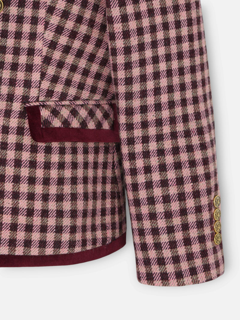Blazer cruzado com debrum em veludo xadrez vichy rosa claro