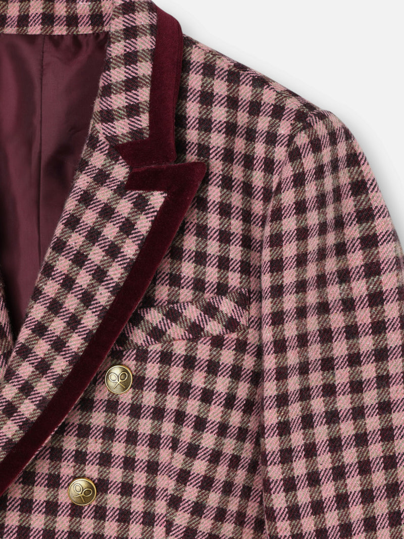 Blazer cruzado com debrum em veludo xadrez vichy rosa claro