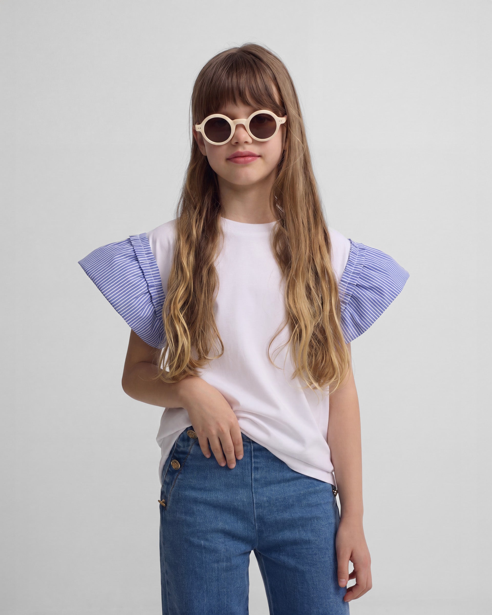 Camisola menina folhos popelina riscas branca