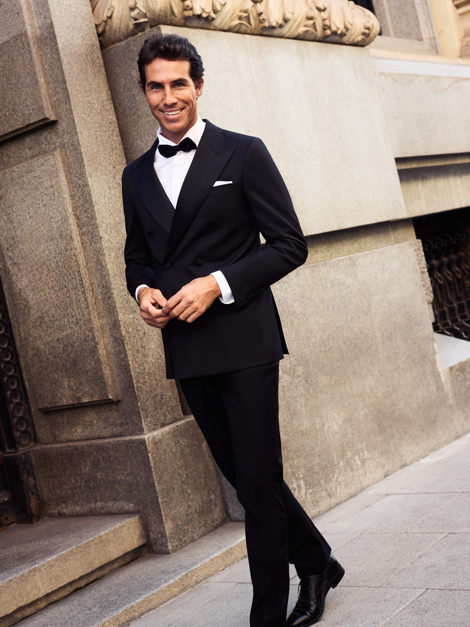 Classic black double-breasted tuxedo blazer