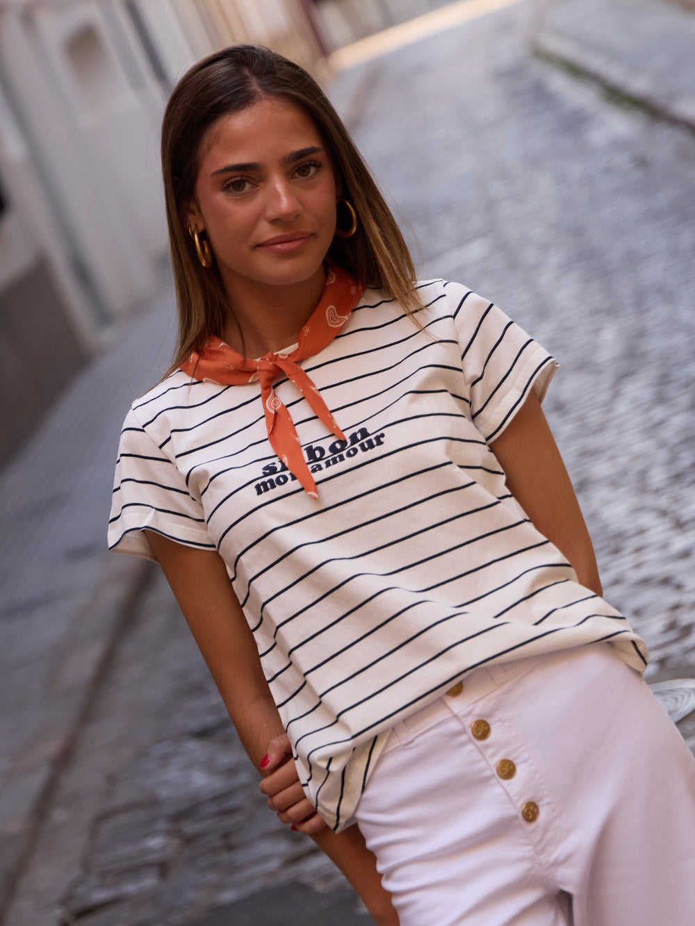 Camiseta woman aplique silbon bandana azul