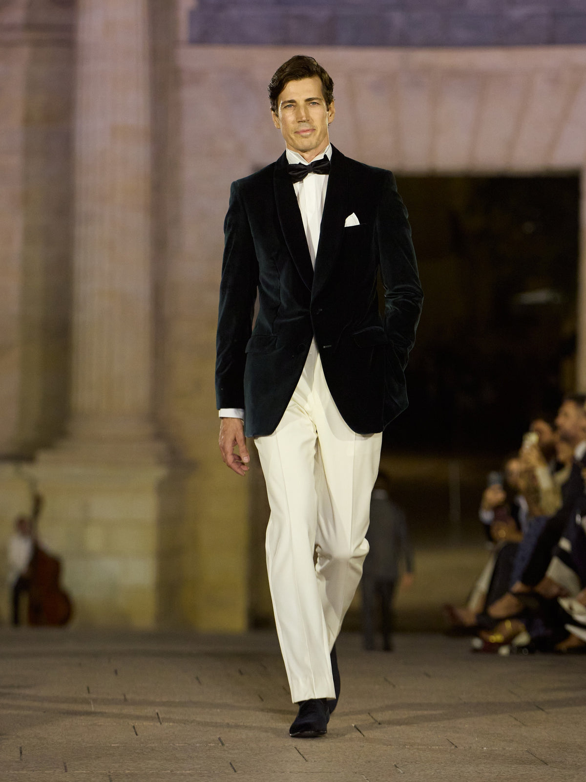 MTM sartorial Venezia black tie velvet green tuxedo with Italian wool trousers