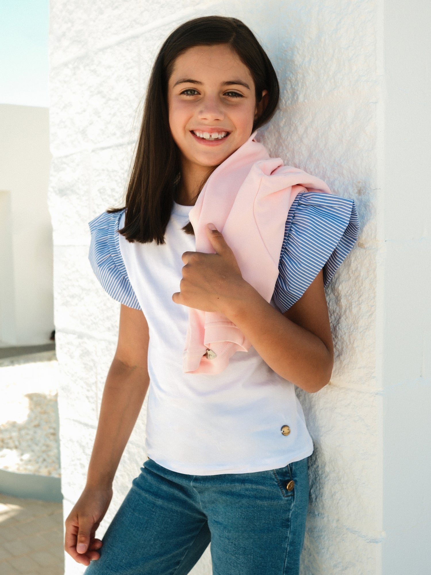 Camiseta girl volantes popelin rayas blanca
