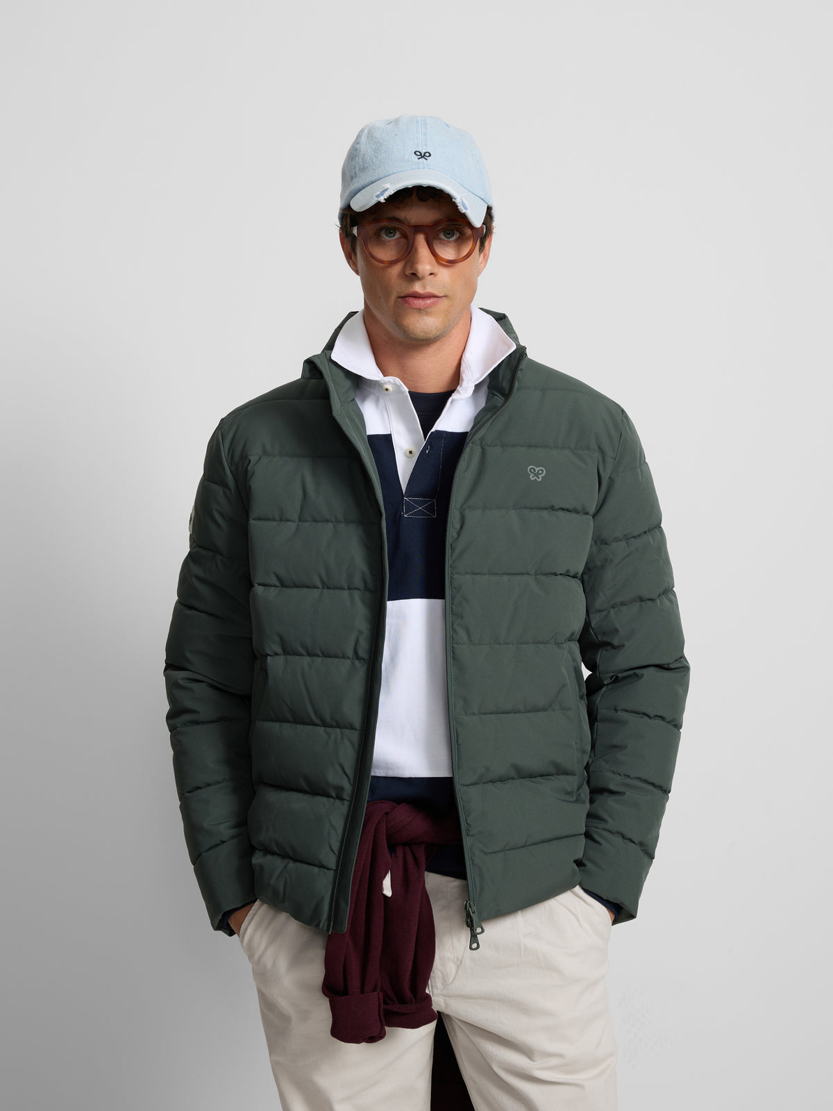 Green quilted technical coat