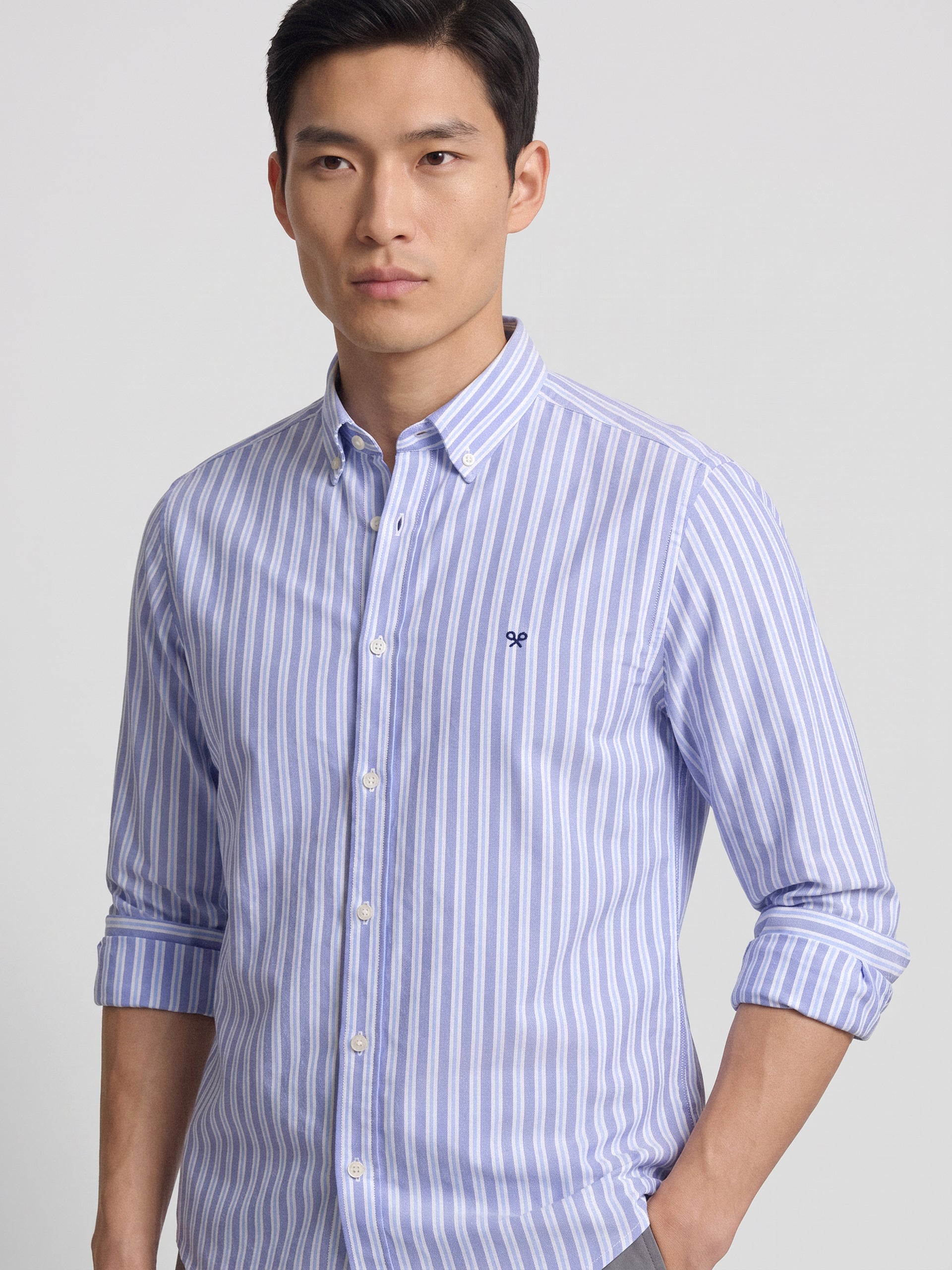 Camisa sport oxford risca bicolor azul marinho celeste