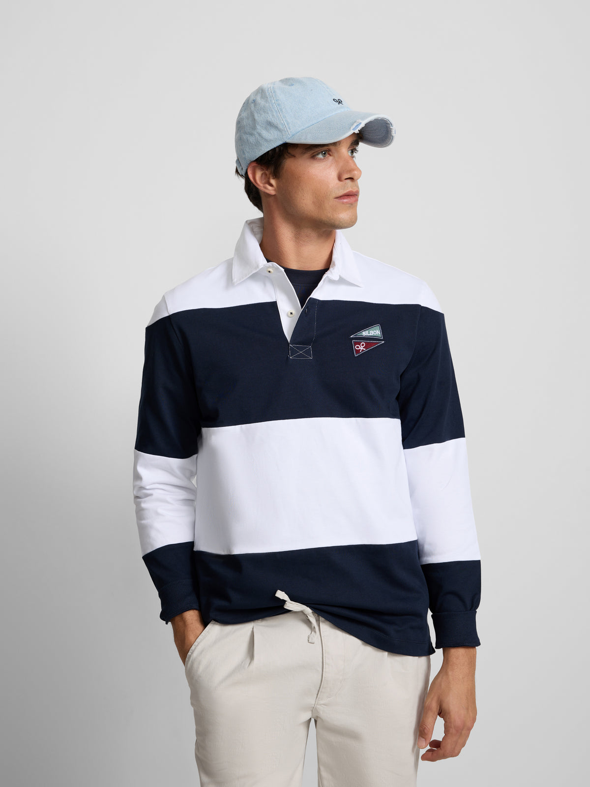 Classic navy blue striped rugby polo