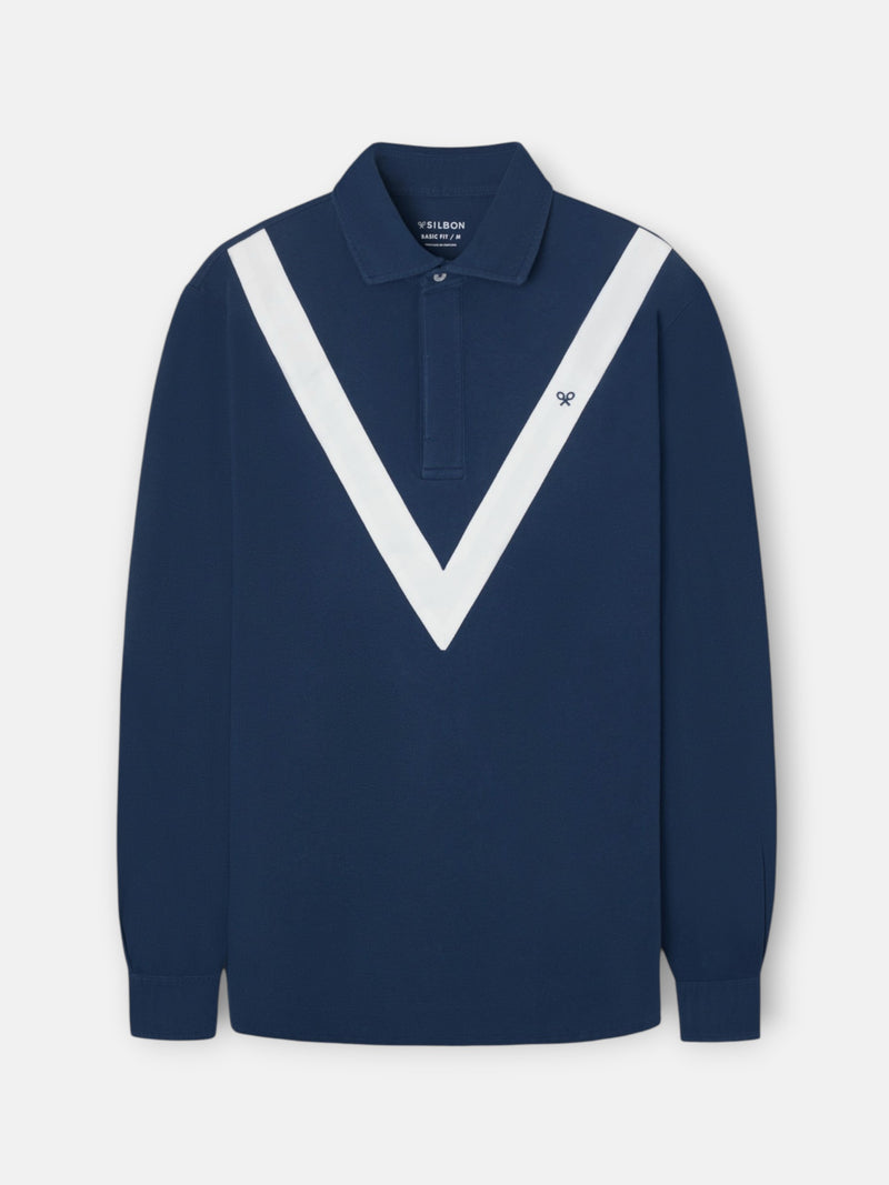 Polo de manga comprida chevron azul-marinho