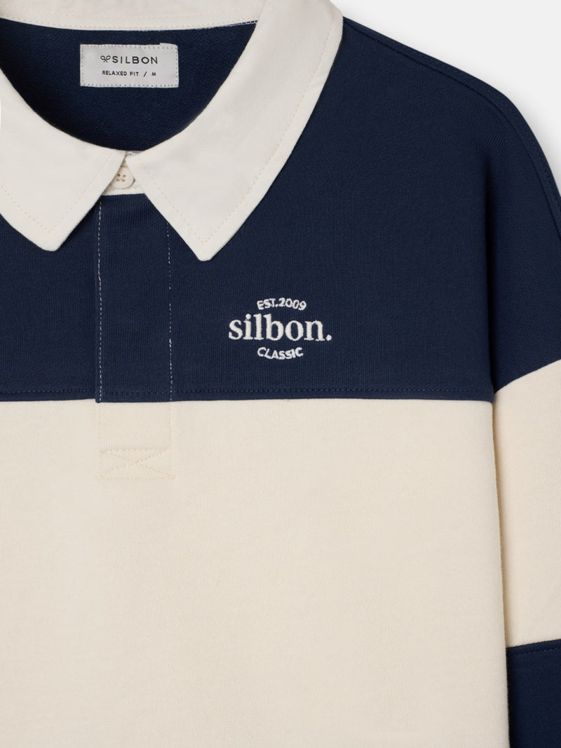 Sweat-shirt coupe décontractée col polo bloc bleu marine